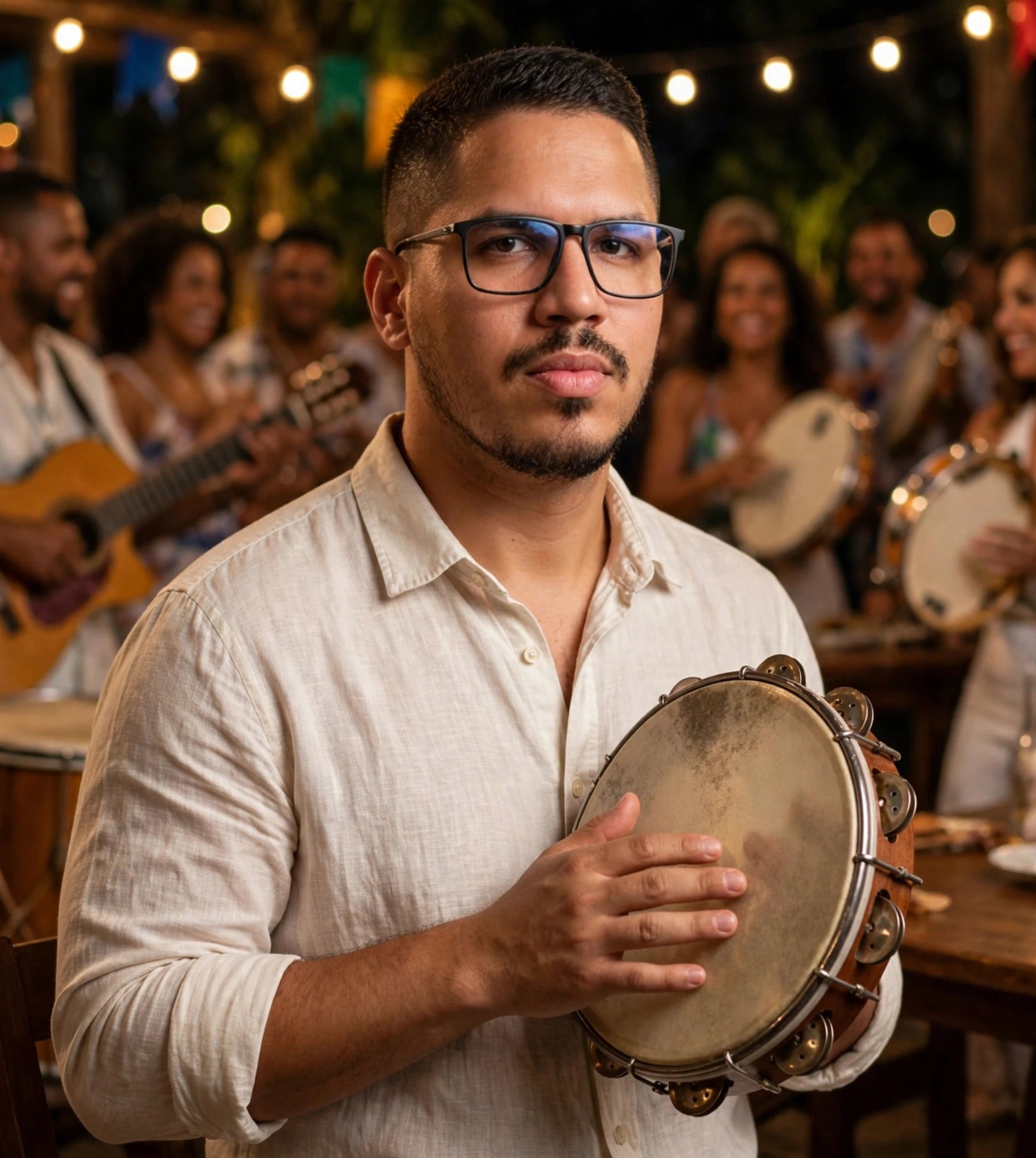 Julio Junior sambista, camisa social clara sem texto, pandeiro nas mãos, roda de samba ao fundo