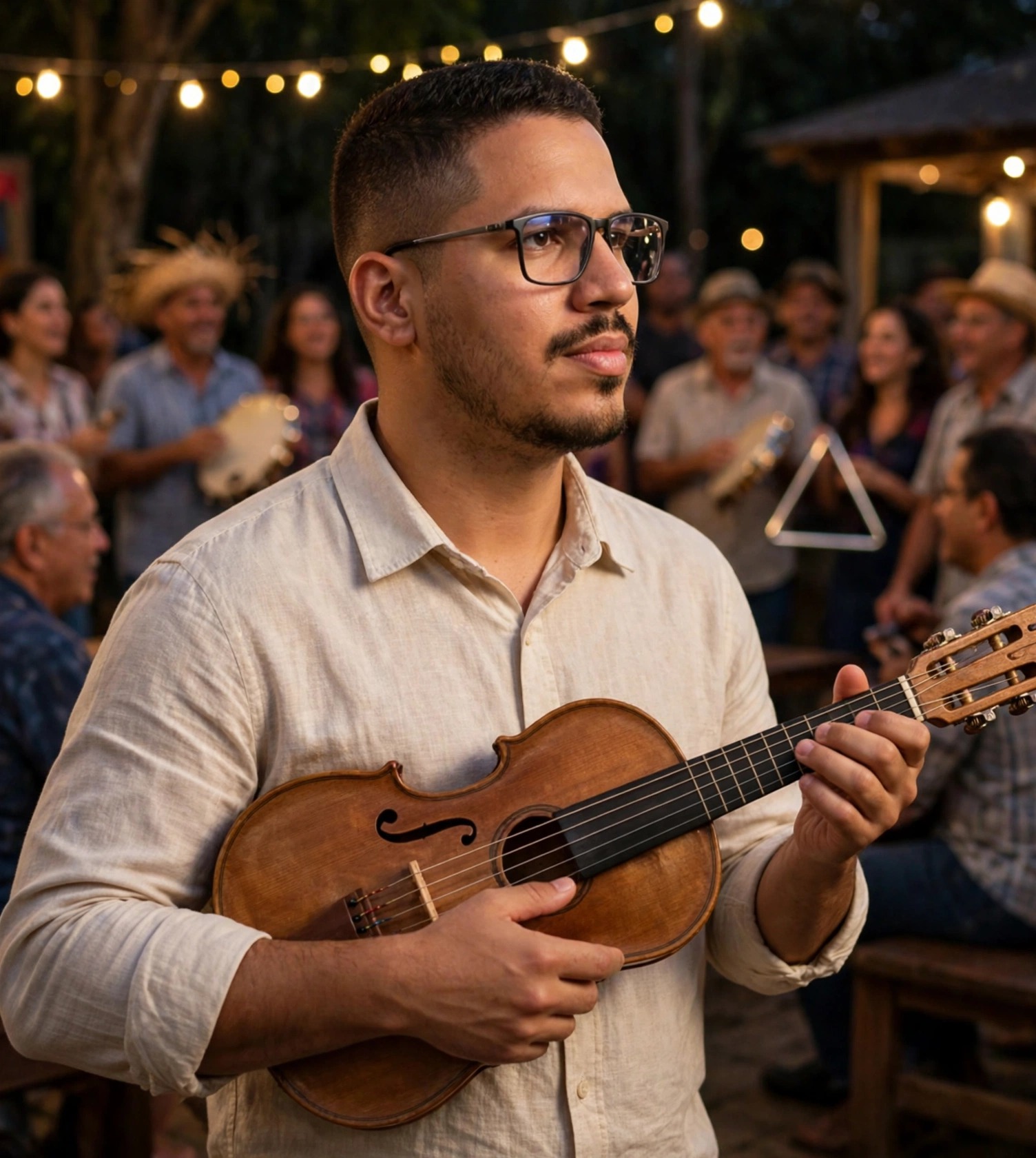 Julio Junior cantor de repente, camisa social clara sem texto, viola nas mãos, cantoria ao fundo