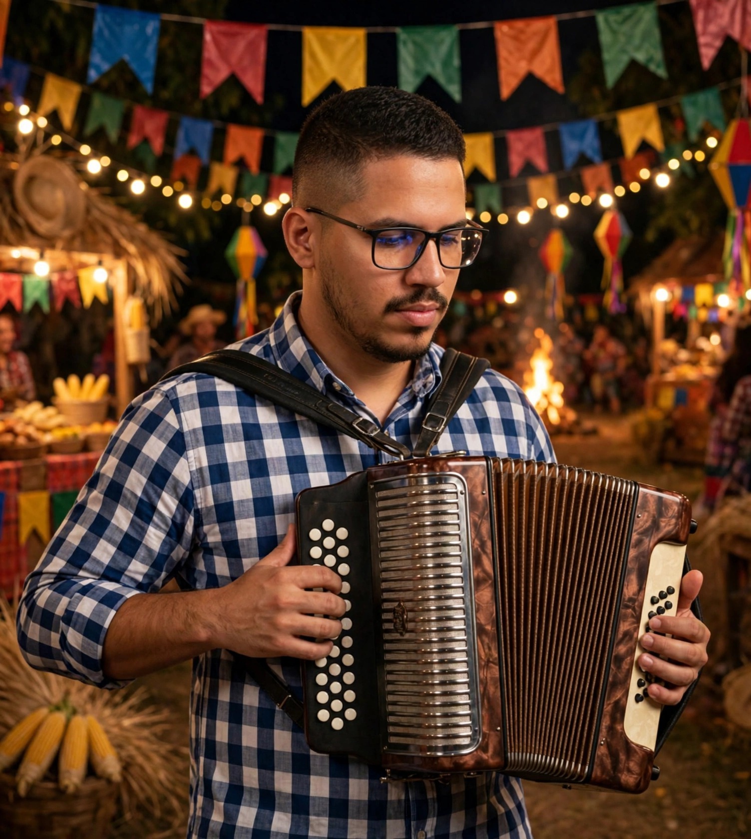 Julio Junior tocador de sanfona, camisa xadrez azul e branca sem texto, sanfona nas mãos, festa junina ao fundo