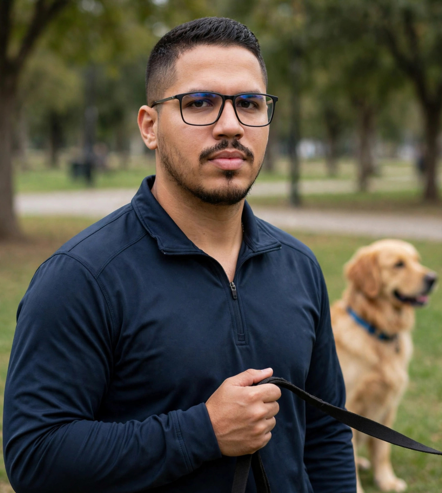 Julio Junior adestrador de cães, blusa esportiva azul-marinho sem texto, guia na mão, parque com cão ao fundo