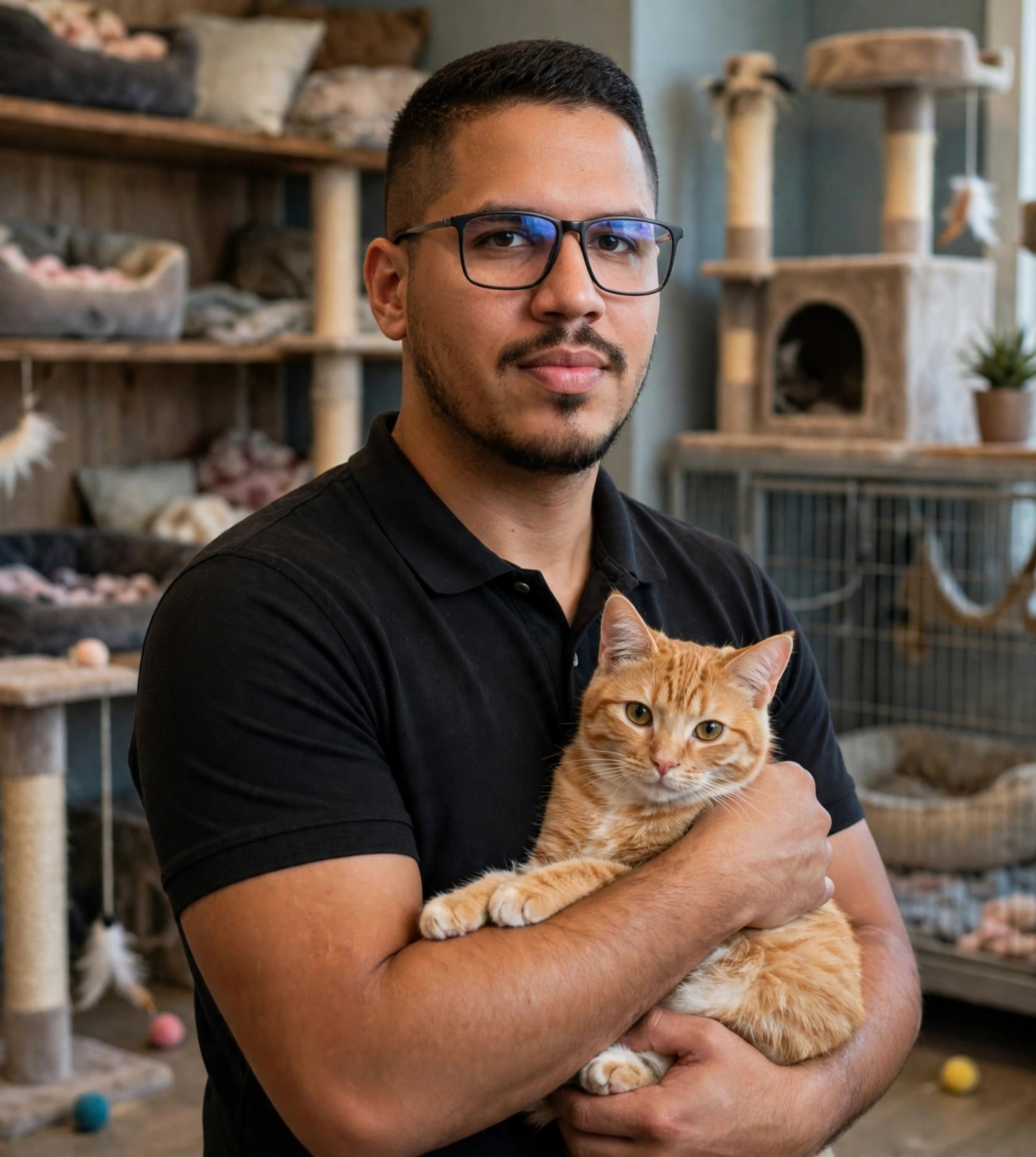 Julio Junior cuidador de gatos, polo preto sem texto, gato laranja no colo, gatil ao fundo