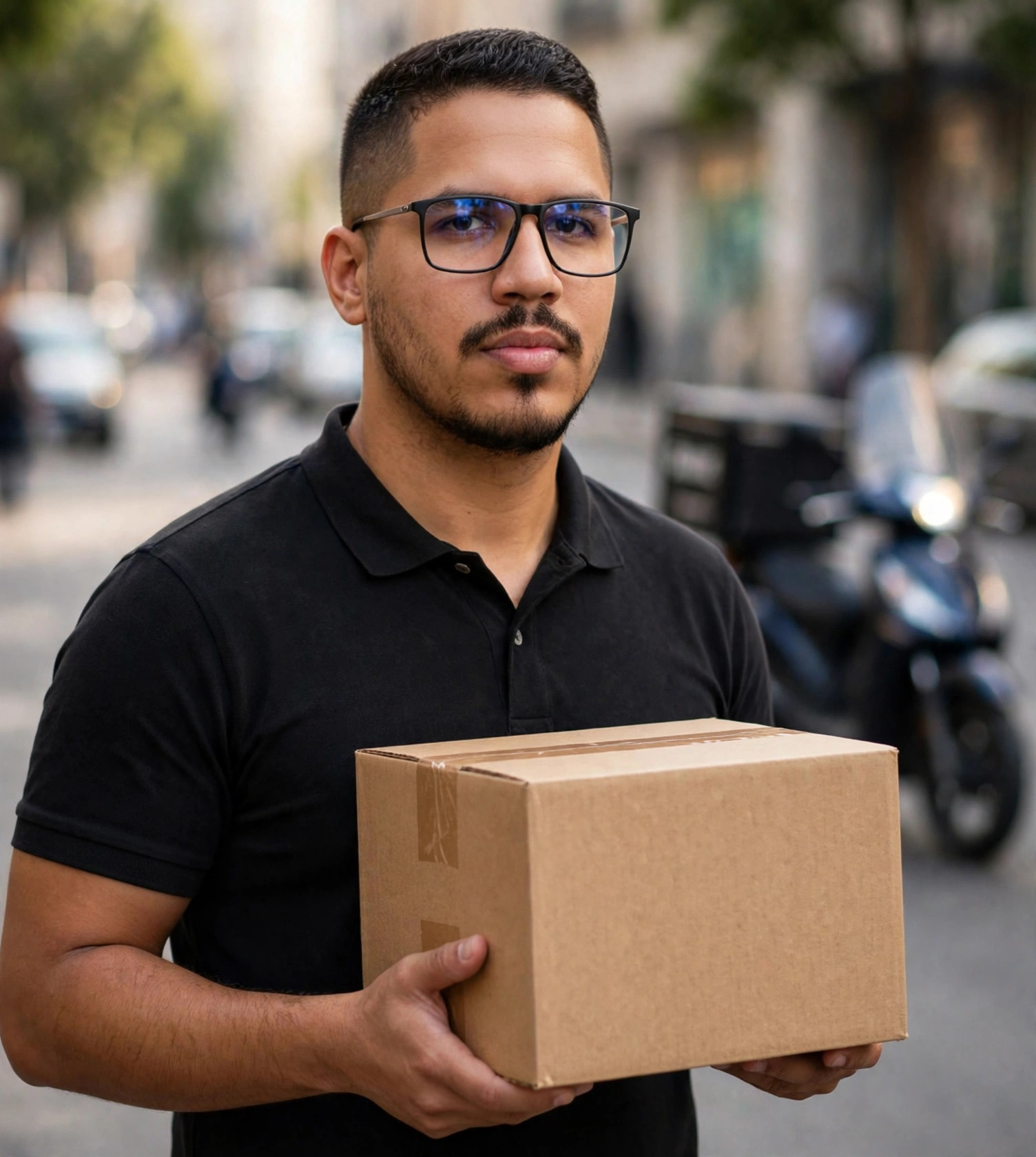 Julio Junior entregador de encomendas, polo preto sem texto, caixa de papelão nas mãos, moto de entrega ao fundo