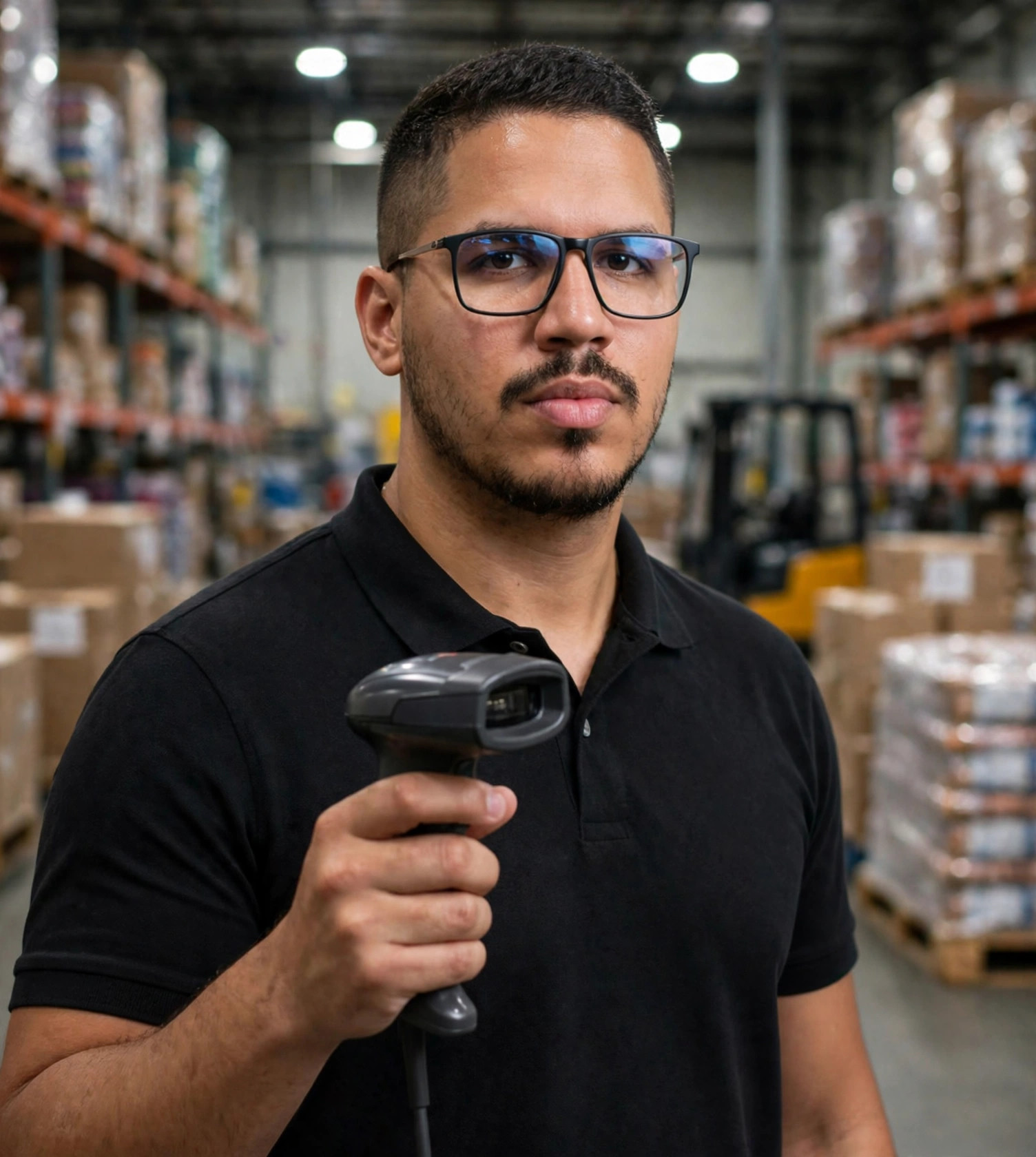 Julio Junior operador de centro de distribuição, polo preto sem texto, leitor de código de barras na mão, galpão ao fundo