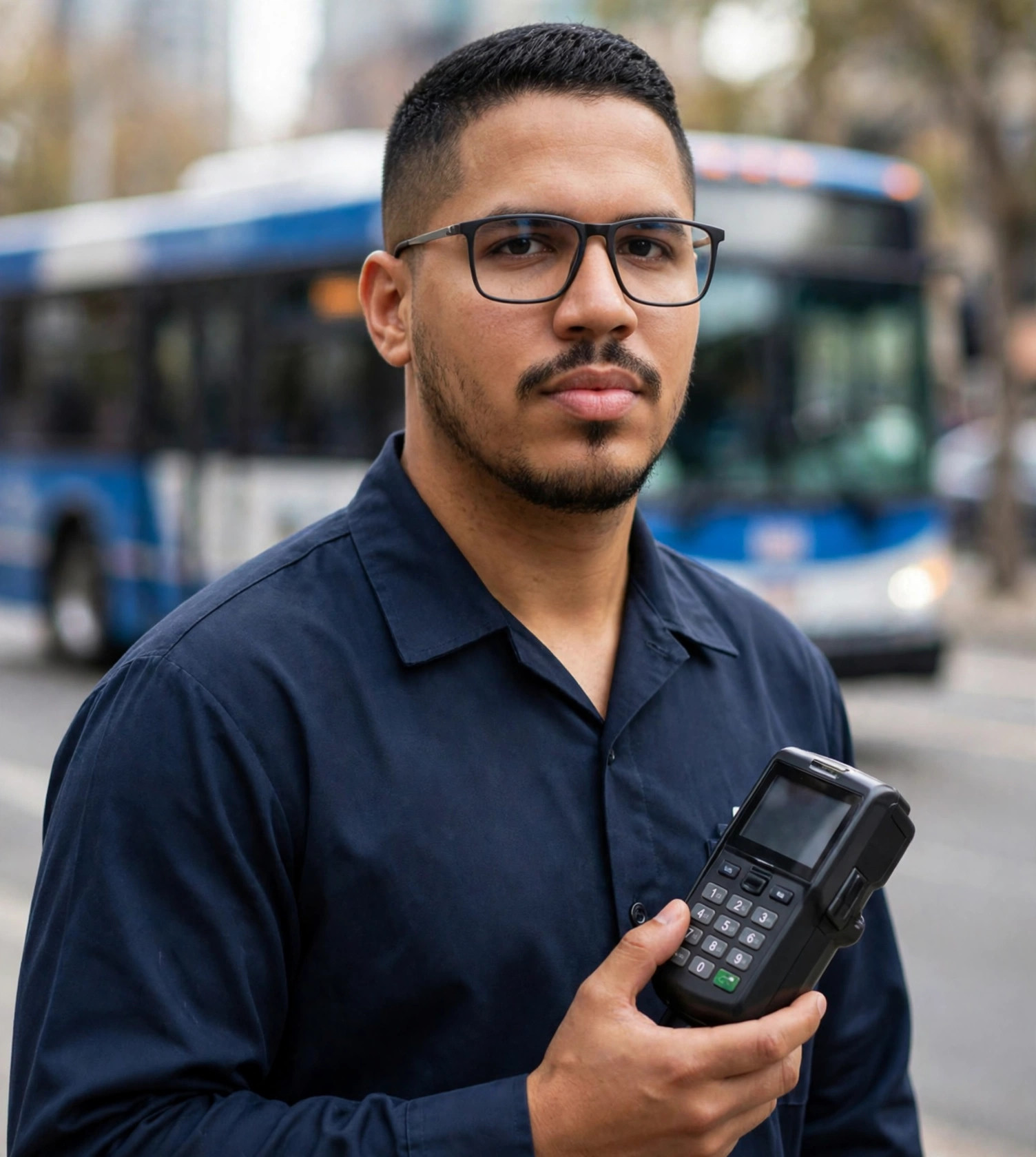 Julio Junior cobrador de ônibus, uniforme sem texto, máquina de bilhetes na mão, ônibus ao fundo