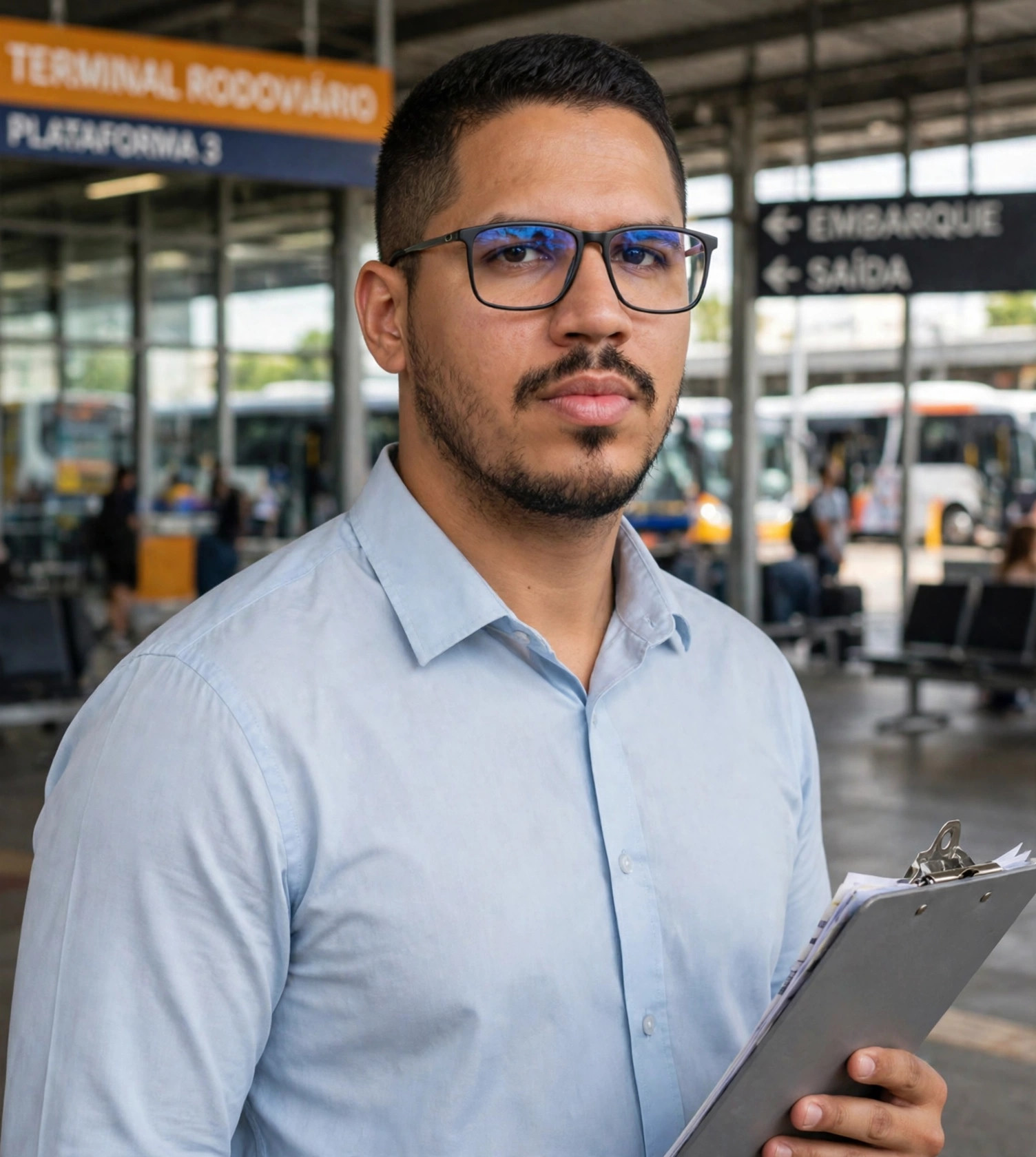 Julio Junior fiscal de transporte, camisa social clara sem texto, prancheta na mão, terminal de ônibus ao fundo