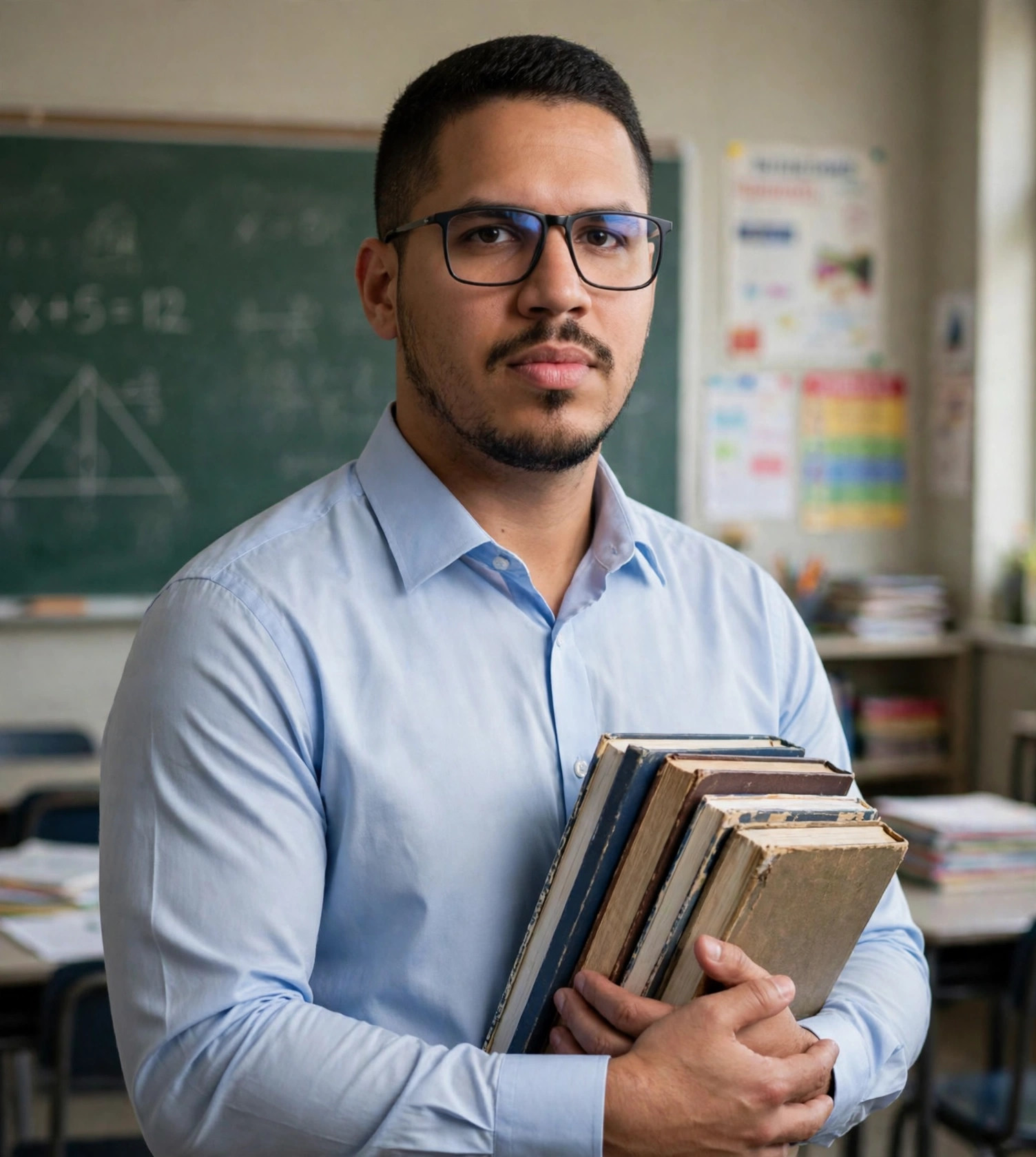 Julio Junior professor de reforço escolar, camisa social clara sem texto, livros nas mãos, sala de aula ao fundo