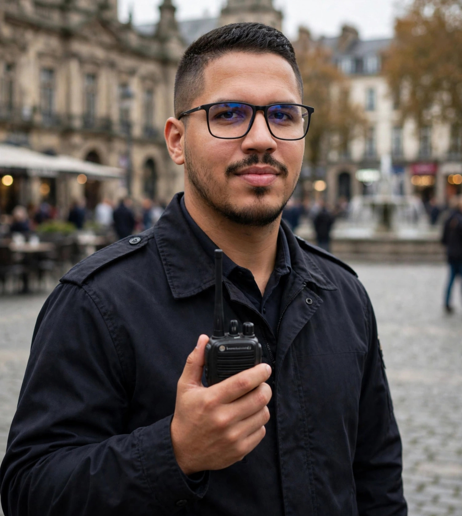 Julio Junior guarda municipal, uniforme azul-marinho sem texto, rádio na mão, praça pública ao fundo