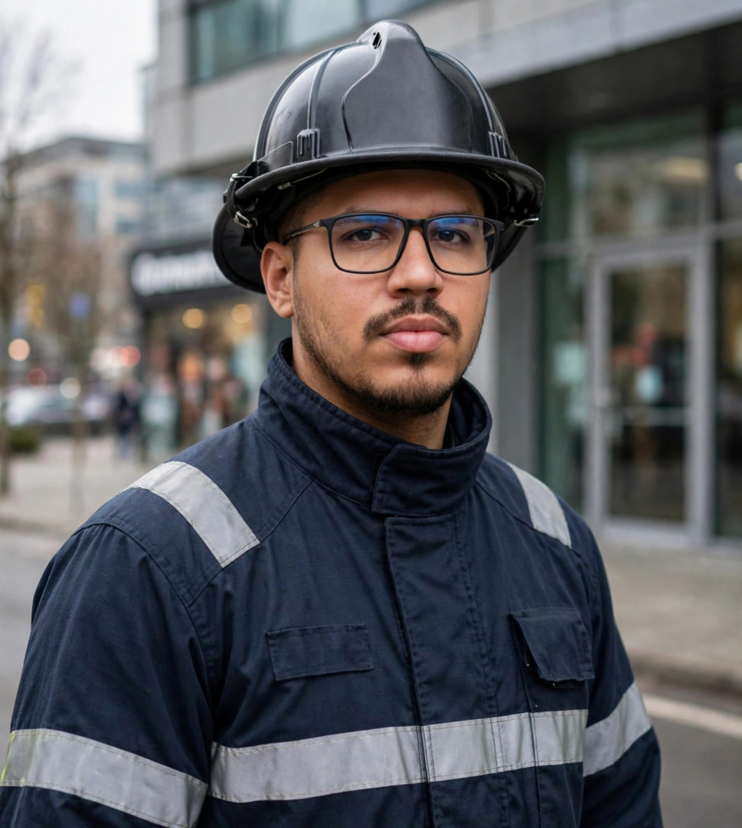 Julio Junior bombeiro civil, uniforme azul-marinho com faixas refletivas sem texto, capacete, prédio comercial ao fundo