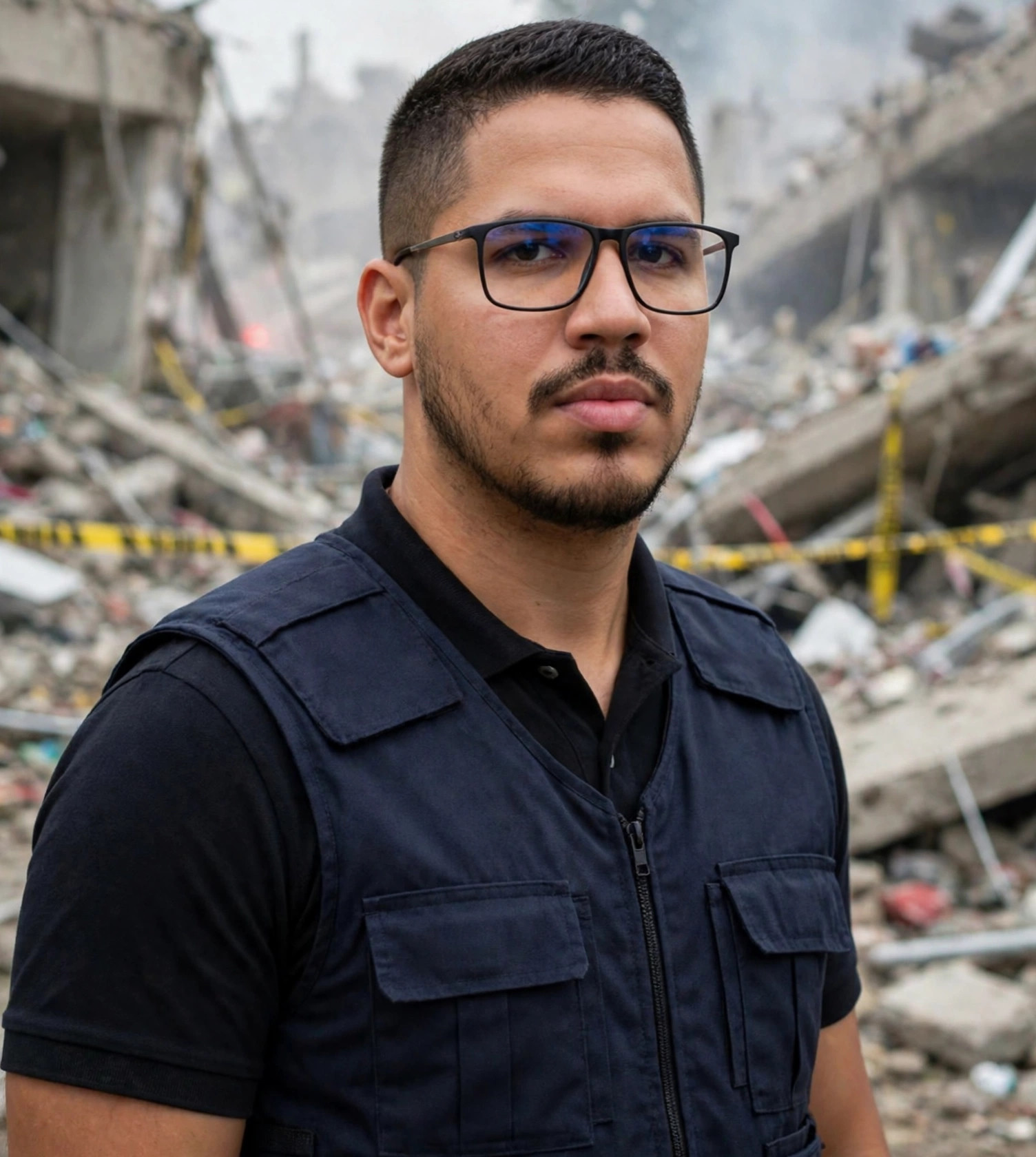 Julio Junior agente de defesa civil, colete azul-marinho sem texto sobre polo preto, área de risco ao fundo