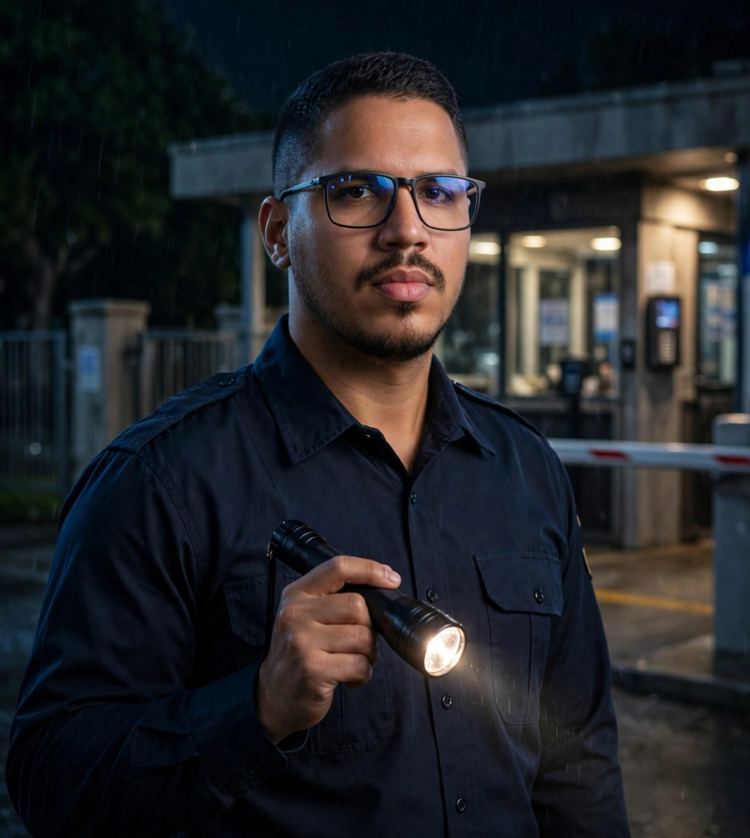 Julio Junior vigilante patrimonial, uniforme azul-marinho sem texto, lanterna acesa na mão, portaria de empresa à noite ao fundo