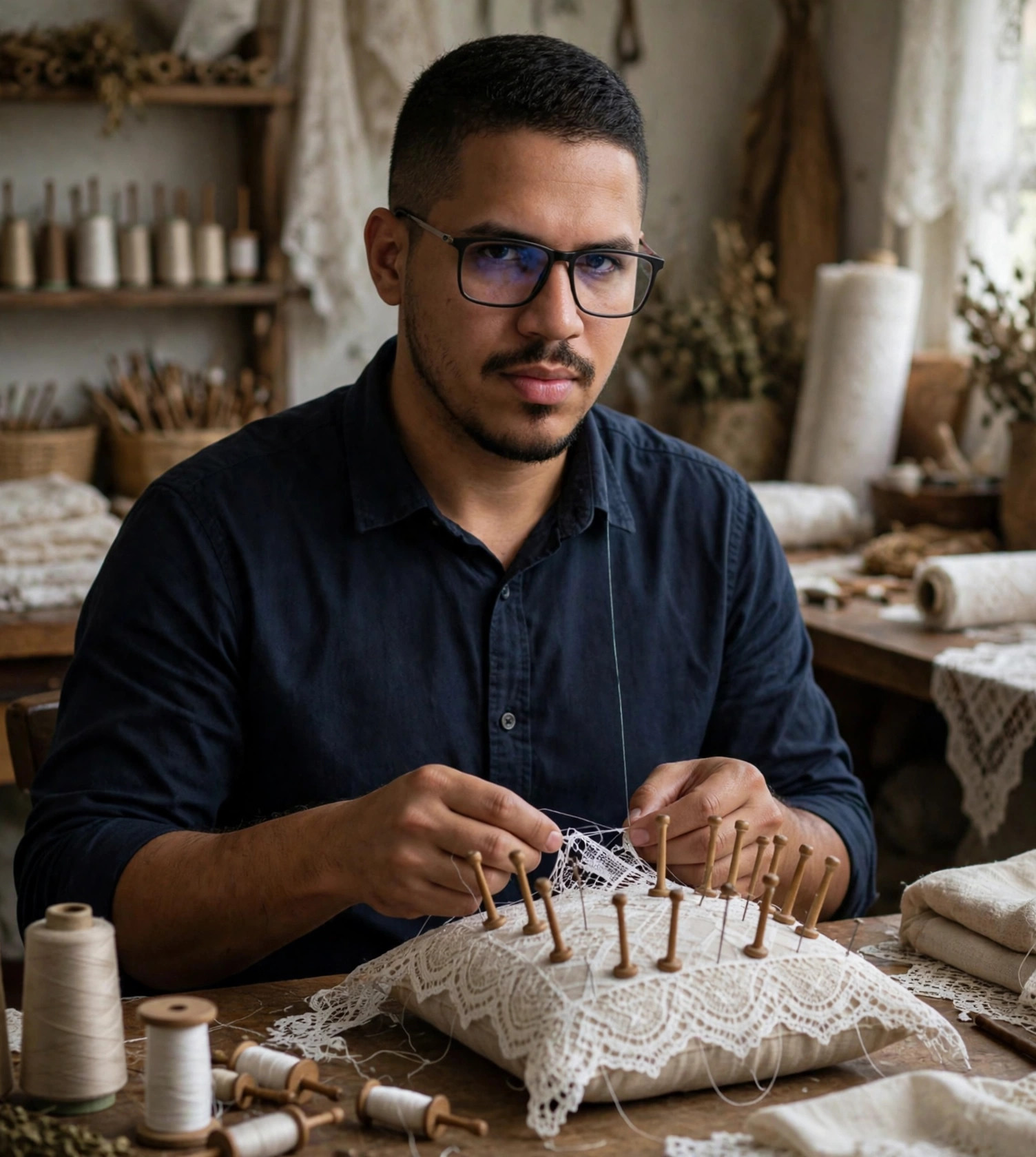 Julio Junior rendeiro, camisa social azul-marinho sem texto, renda de bilro nas mãos, ateliê de rendas ao fundo