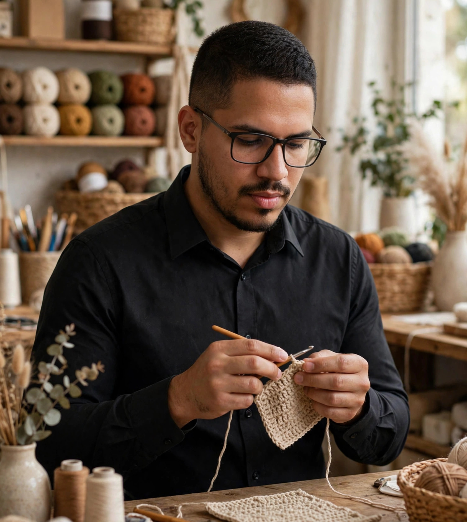 Julio Junior crocheteiro, camisa social preta sem texto, agulha de crochê e peça nas mãos, ateliê ao fundo