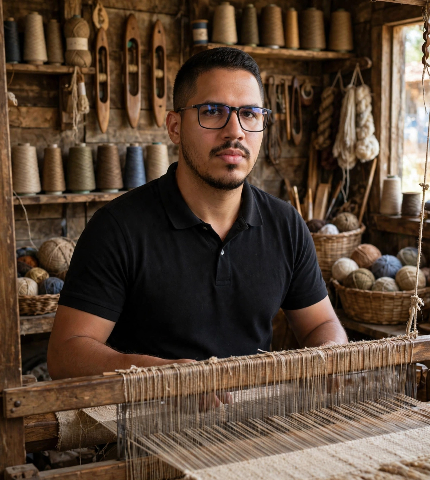 Julio Junior tecelão, polo preto sem texto, junto a tear de madeira, oficina de tecelagem ao fundo