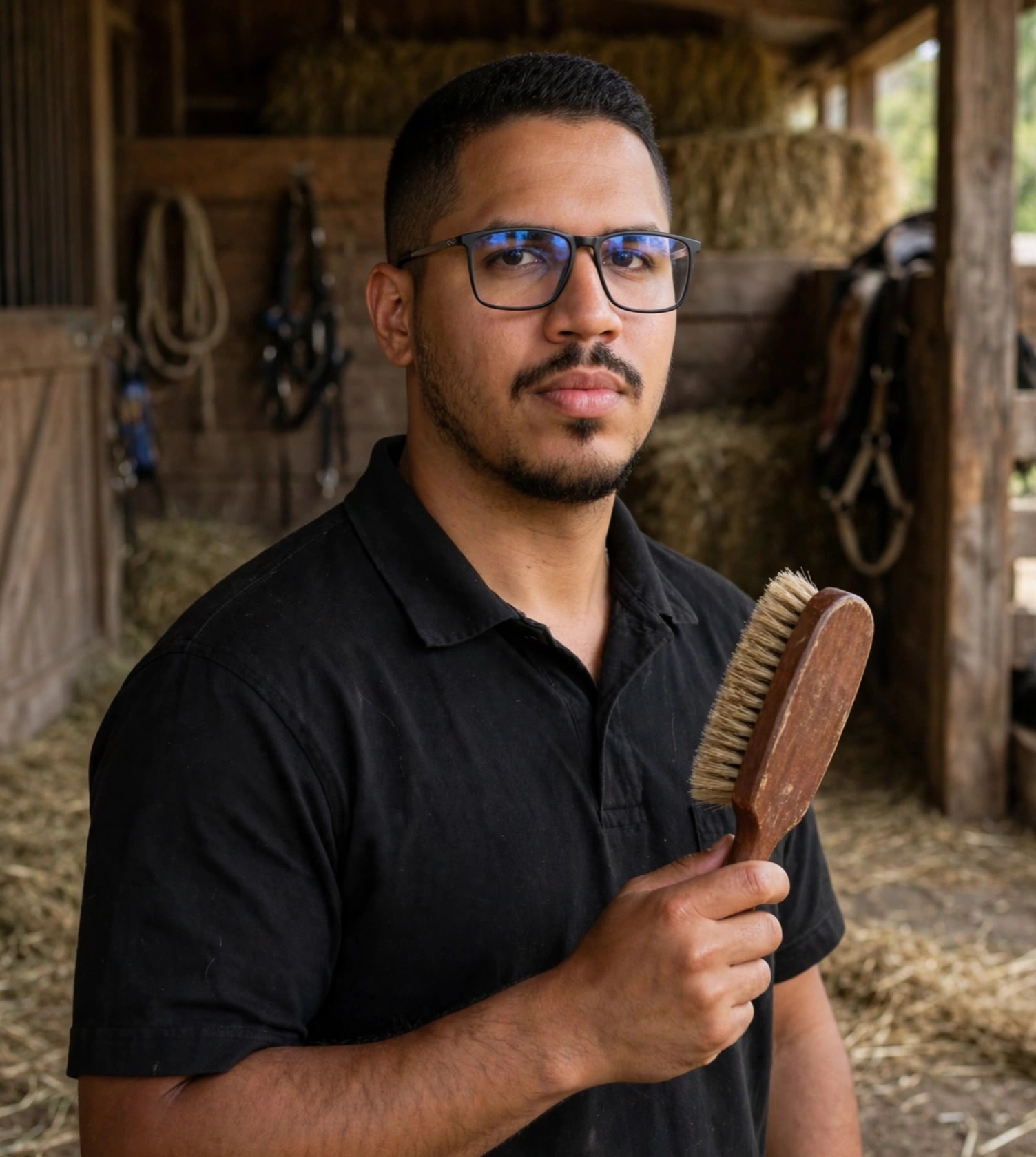 Julio Junior tosador de cavalos, polo preto sem texto, escova de crina na mão, haras ao fundo