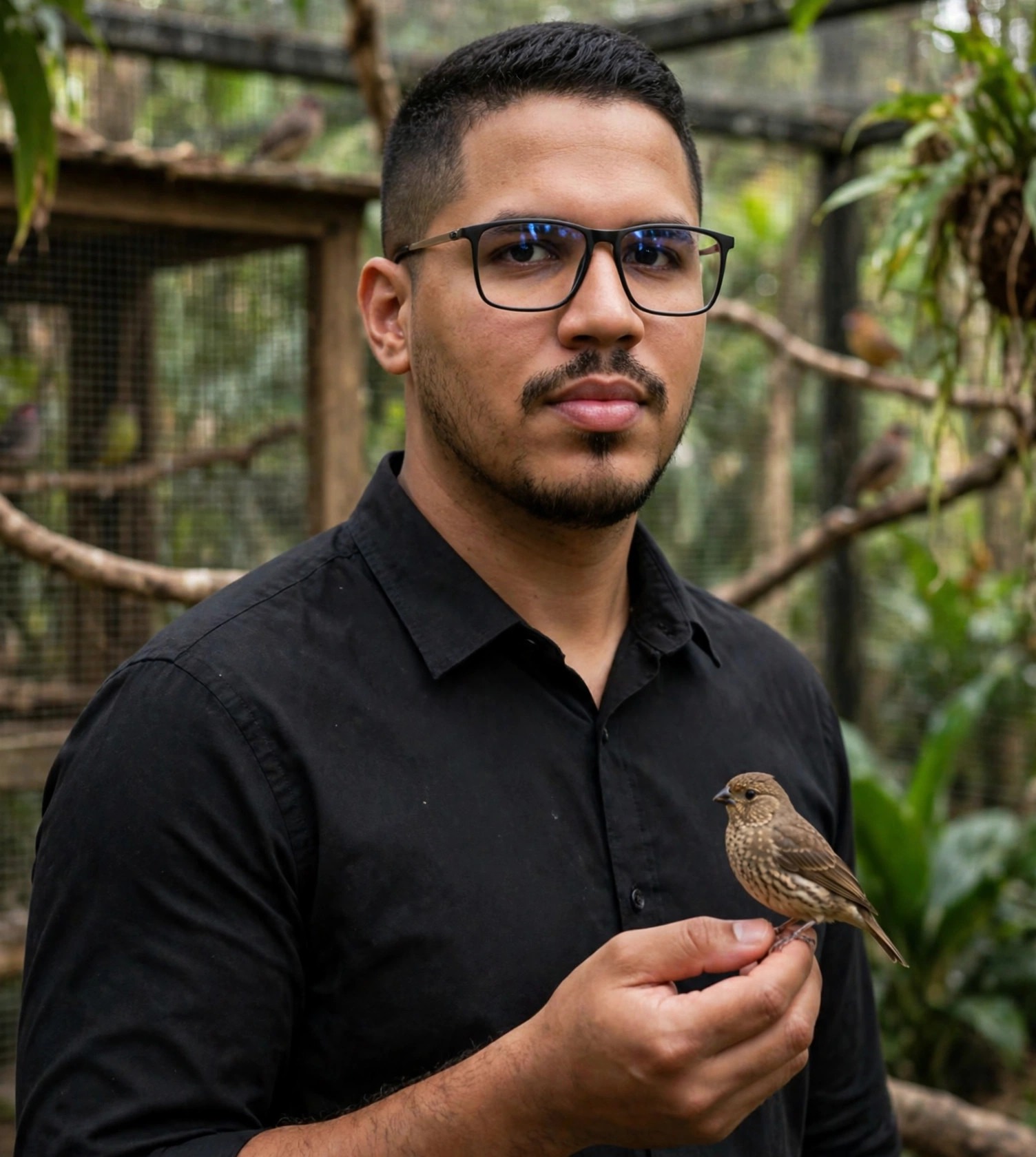 Julio Junior tratador de aves, camisa social preta sem texto, pássaro na mão, aviário ao fundo