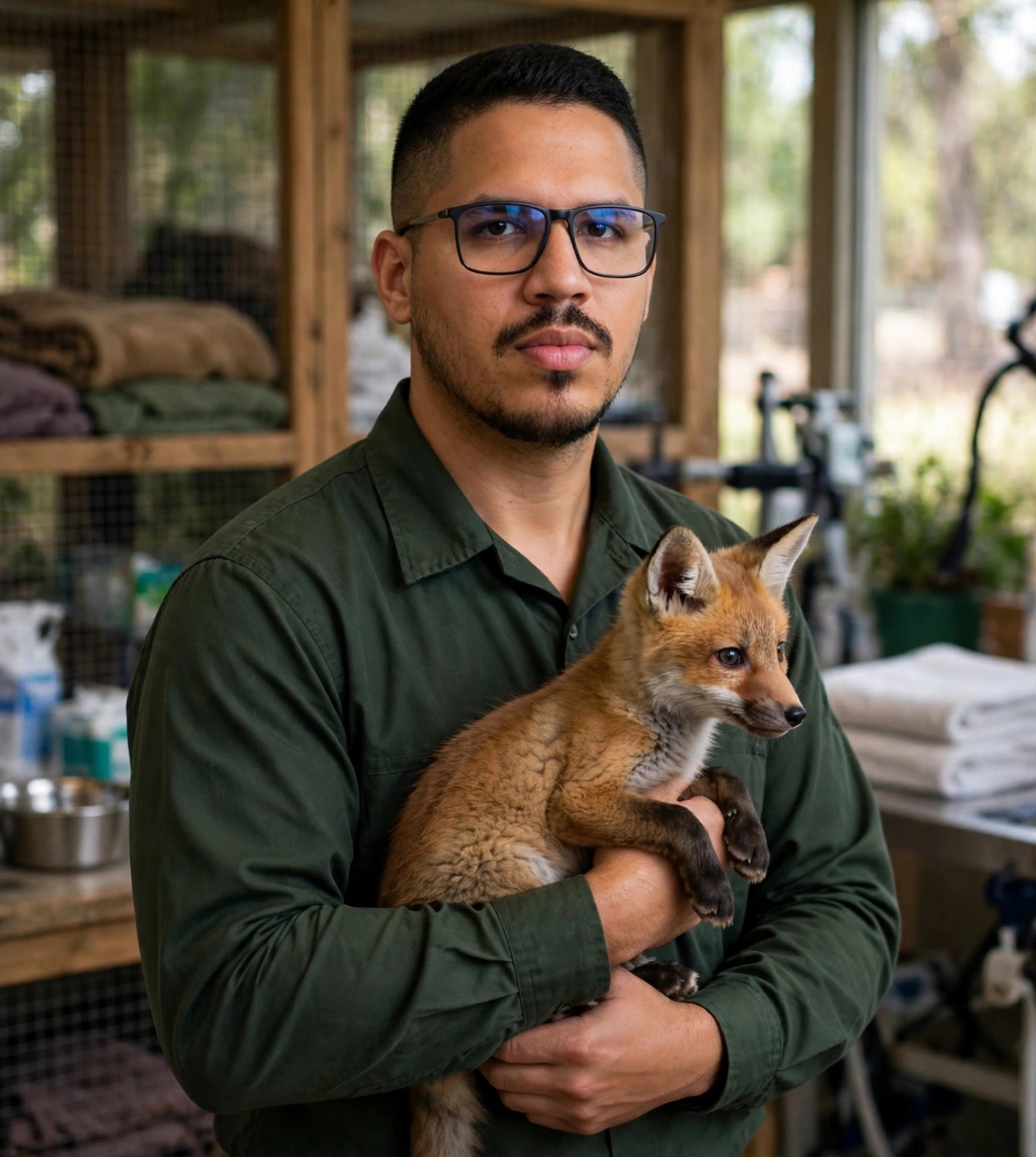 Julio Junior cuidador de animais silvestres, uniforme verde sem texto, raposa nos braços, centro de reabilitação ao fundo