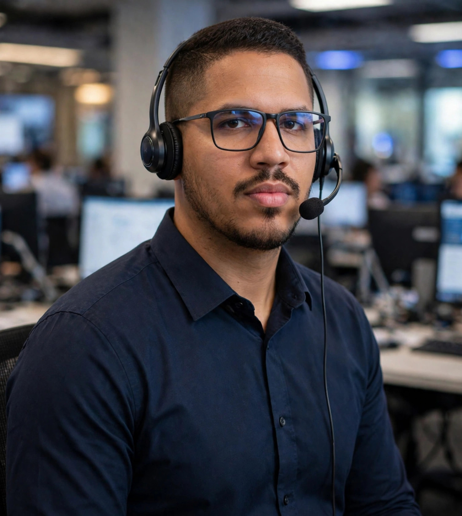 Julio Junior analista de suporte técnico, camisa social azul-marinho sem texto, headset com microfone, central de suporte ao fundo