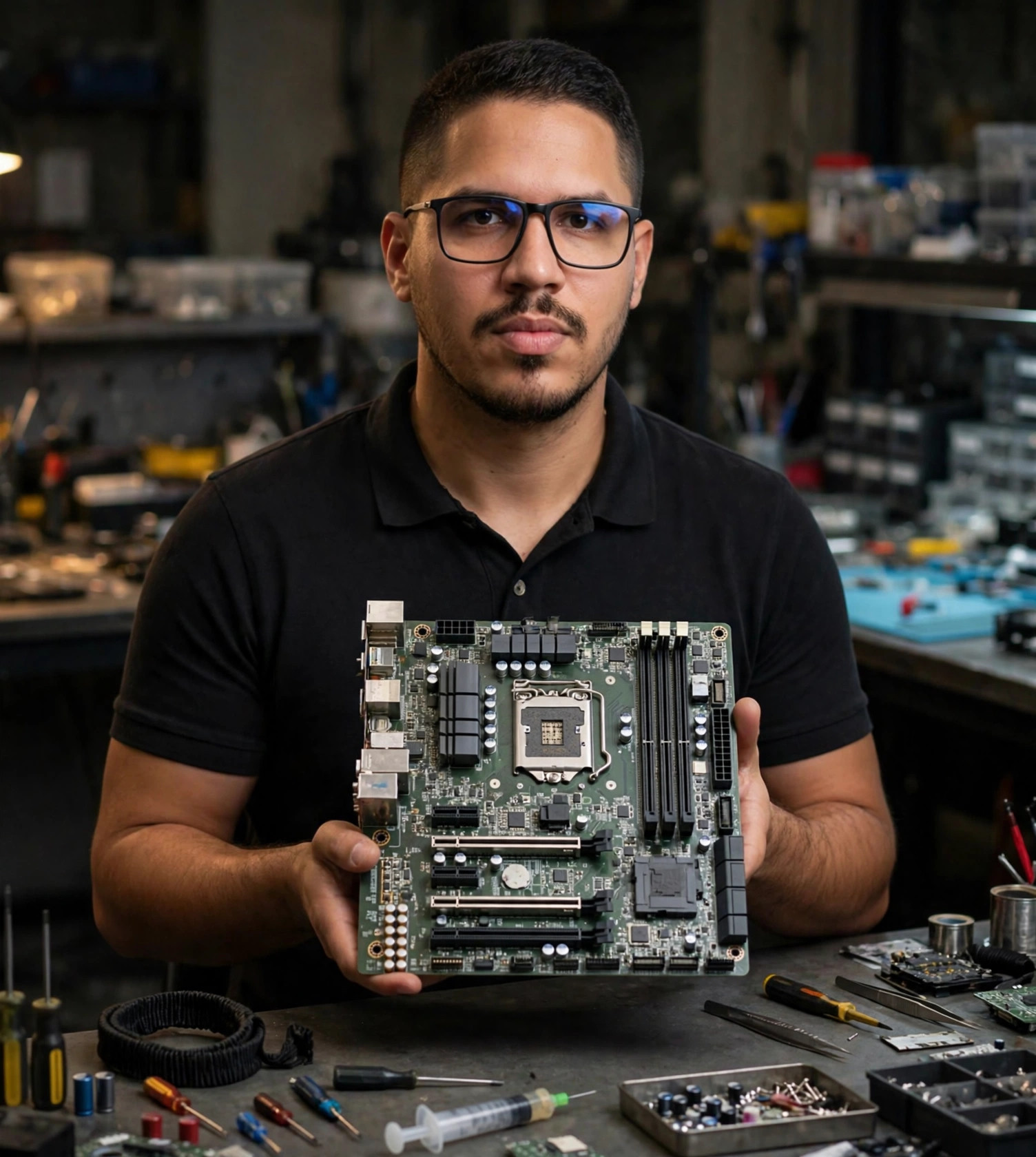 Julio Junior técnico de hardware, polo preto sem texto, placa-mãe nas mãos, bancada de reparo ao fundo