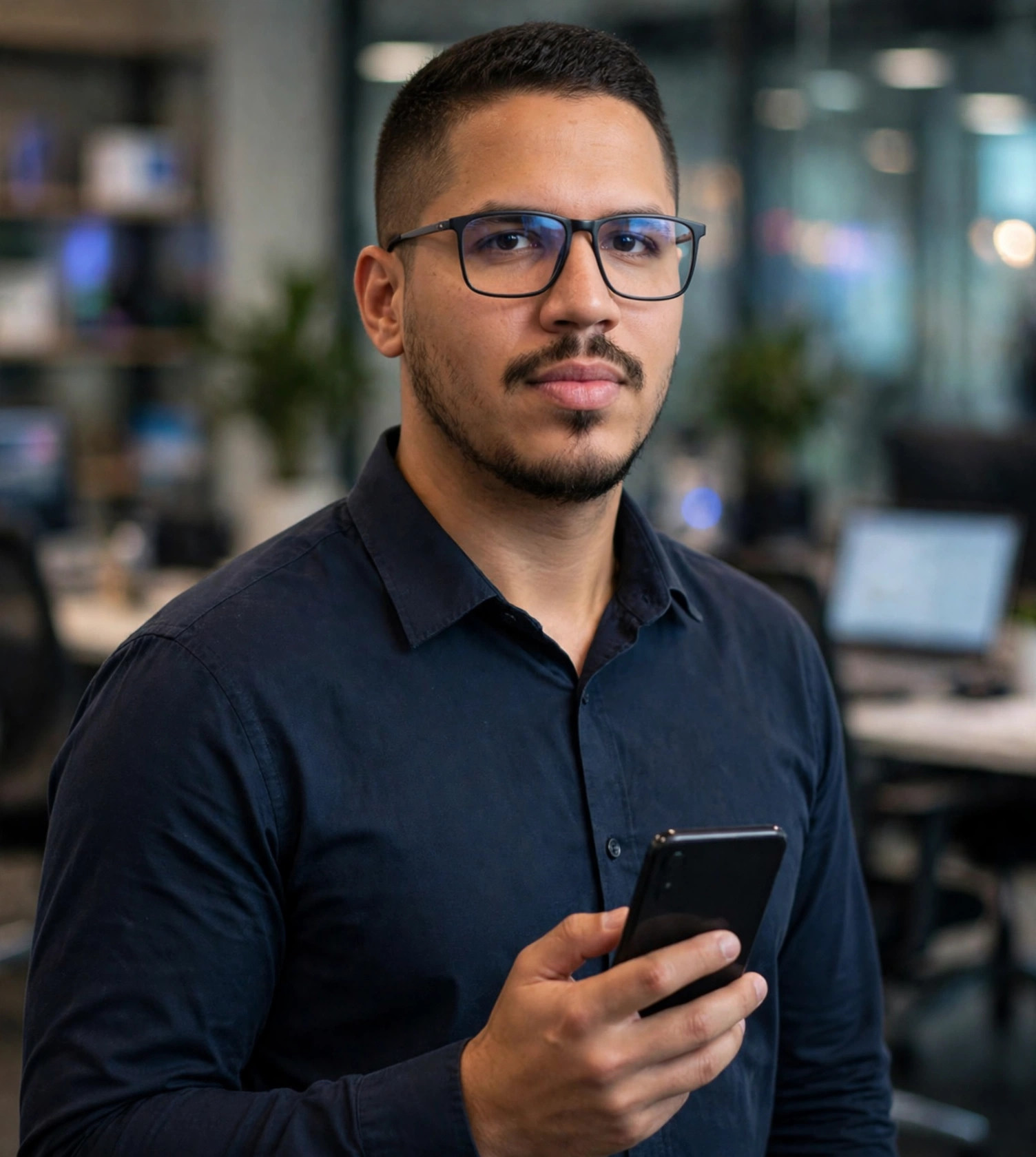 Julio Junior desenvolvedor de aplicativos, camisa social azul-marinho sem texto, smartphone na mão, escritório de tecnologia ao fundo