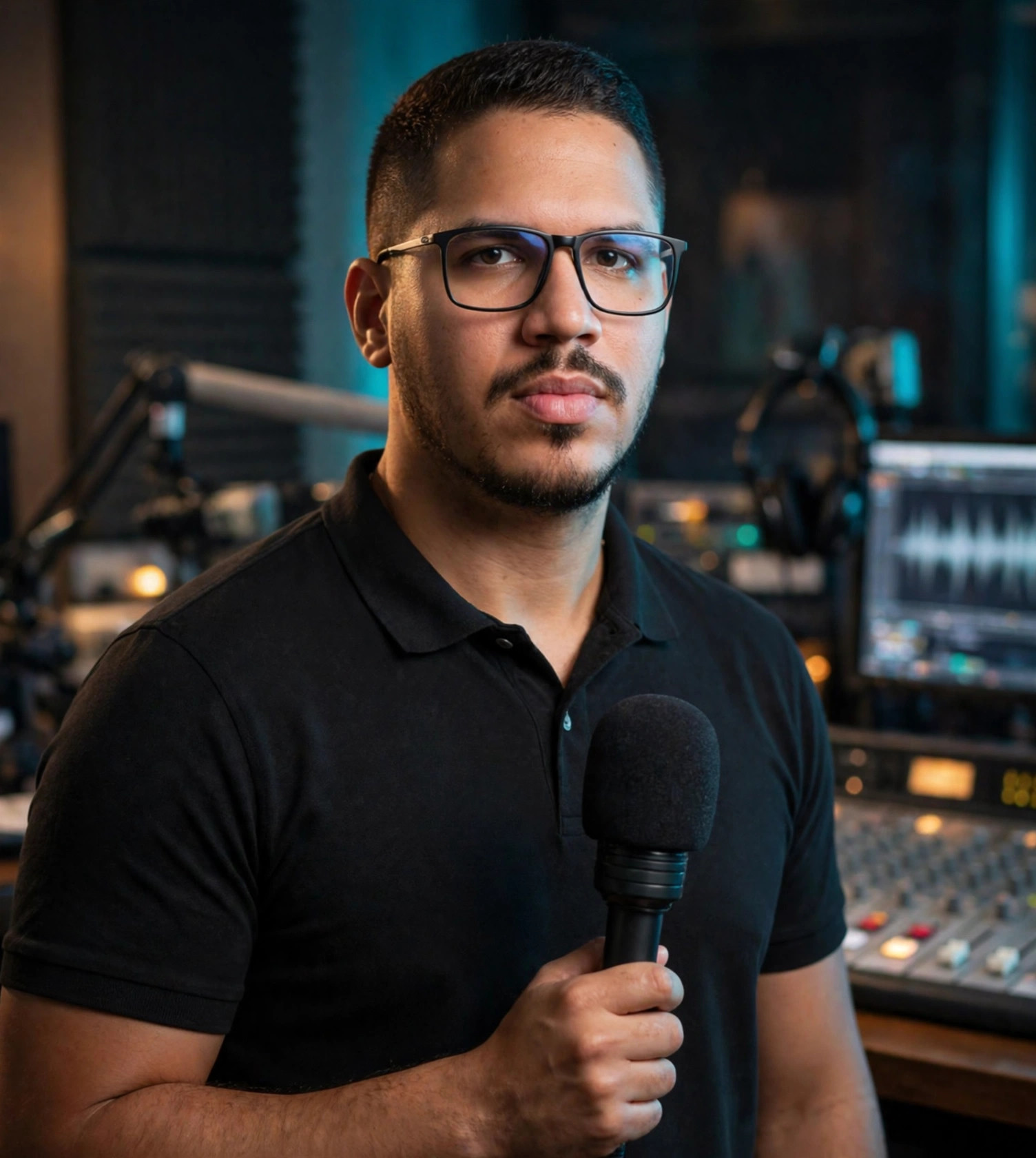 Julio Junior apresentador de rádio comunitária, polo preto sem texto, microfone na mão, estúdio de rádio ao fundo