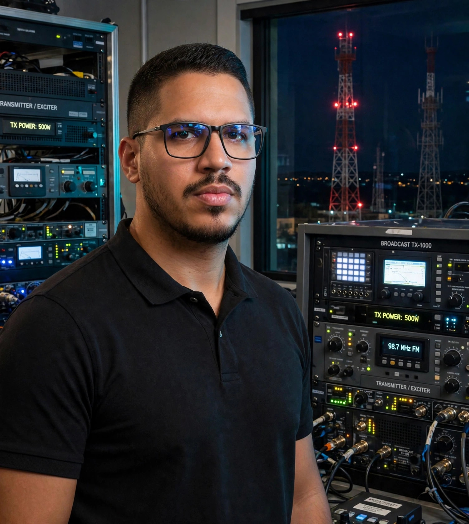 Julio Junior técnico de transmissão, polo preto sem texto, junto a transmissor, torre de rádio ao fundo
