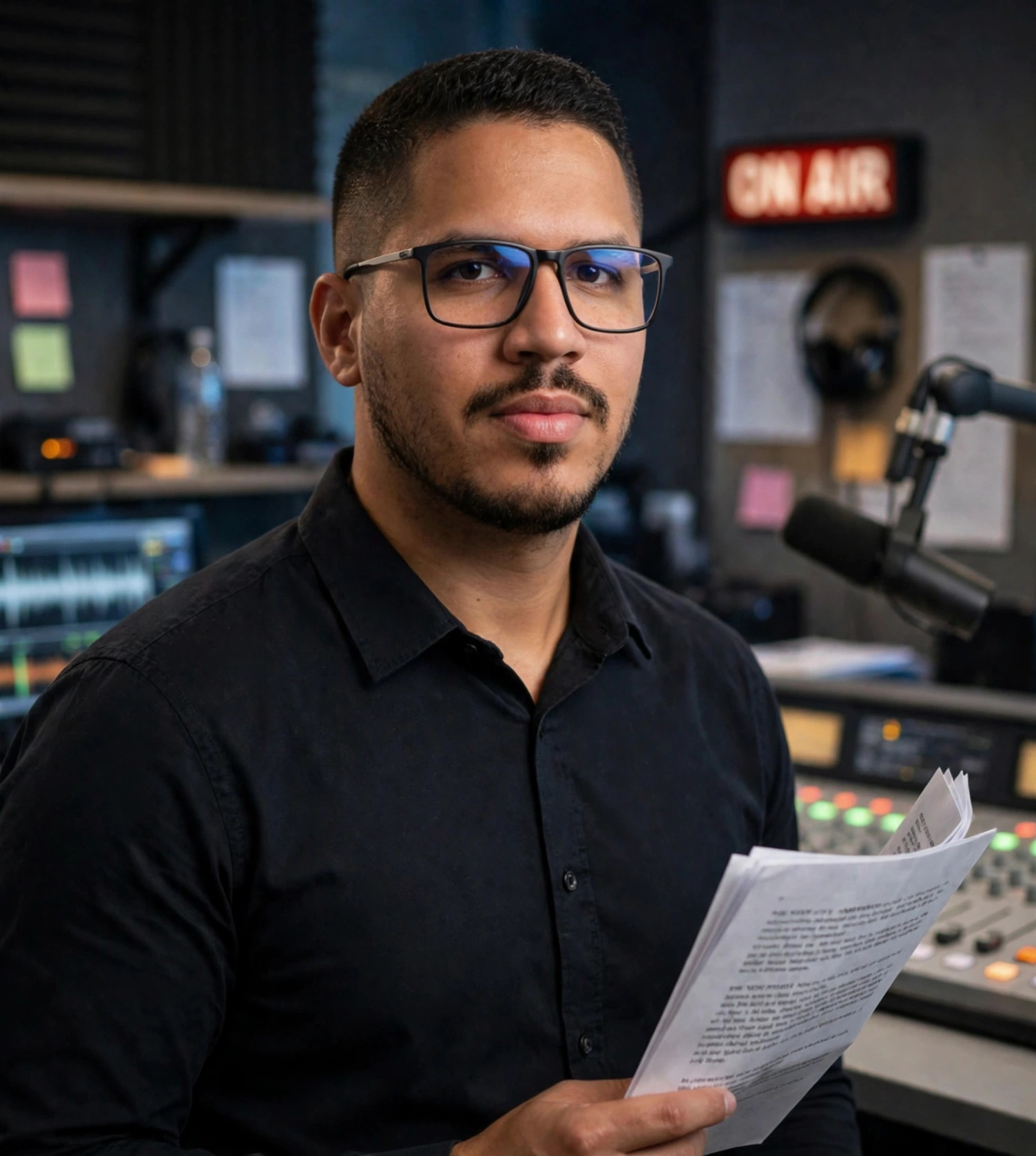 Julio Junior produtor de rádio, camisa social preta sem texto, roteiro nas mãos, redação de rádio ao fundo