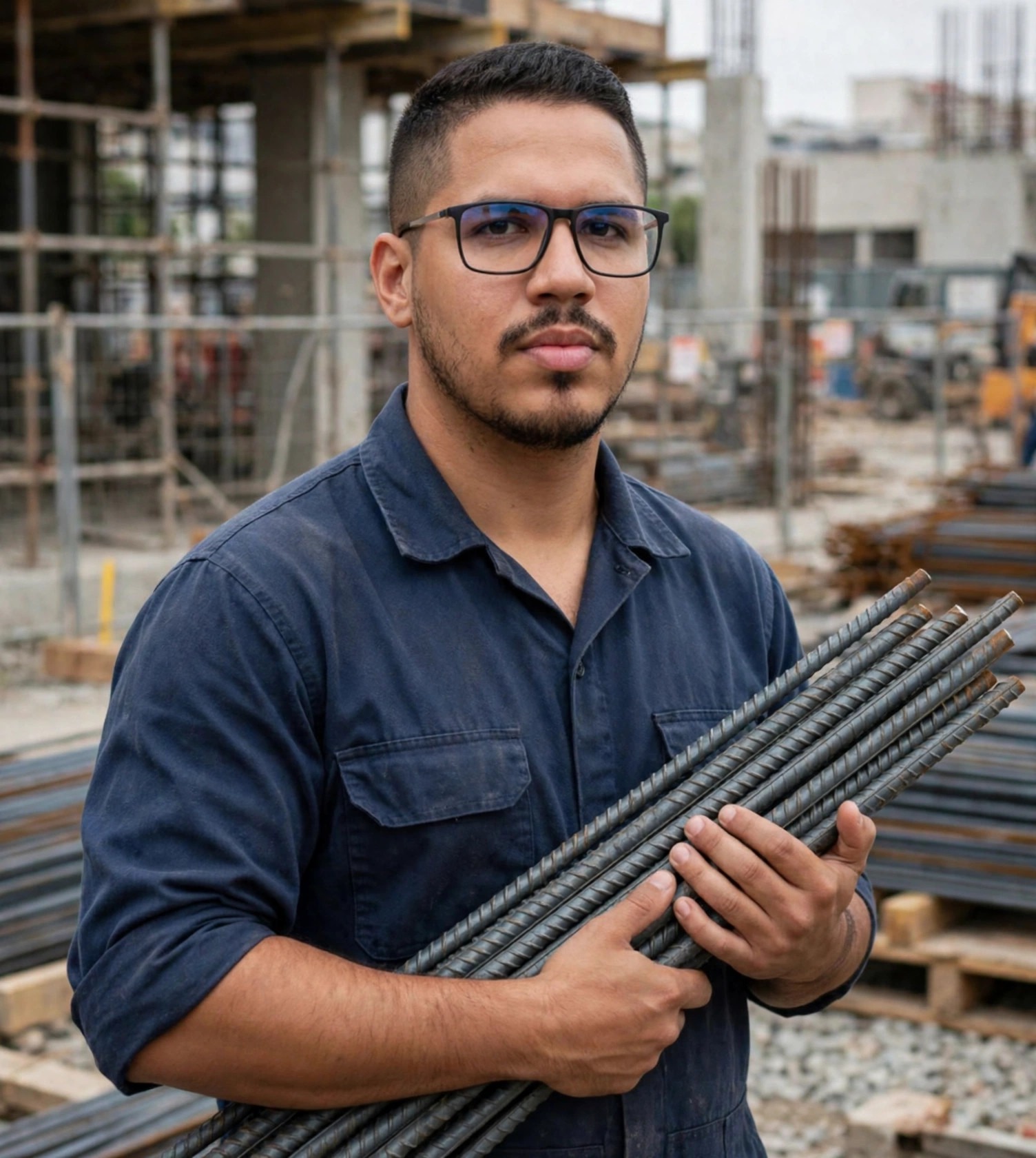 Julio Junior armador de ferragens, uniforme azul sem texto, vergalhões nas mãos, canteiro de obras ao fundo