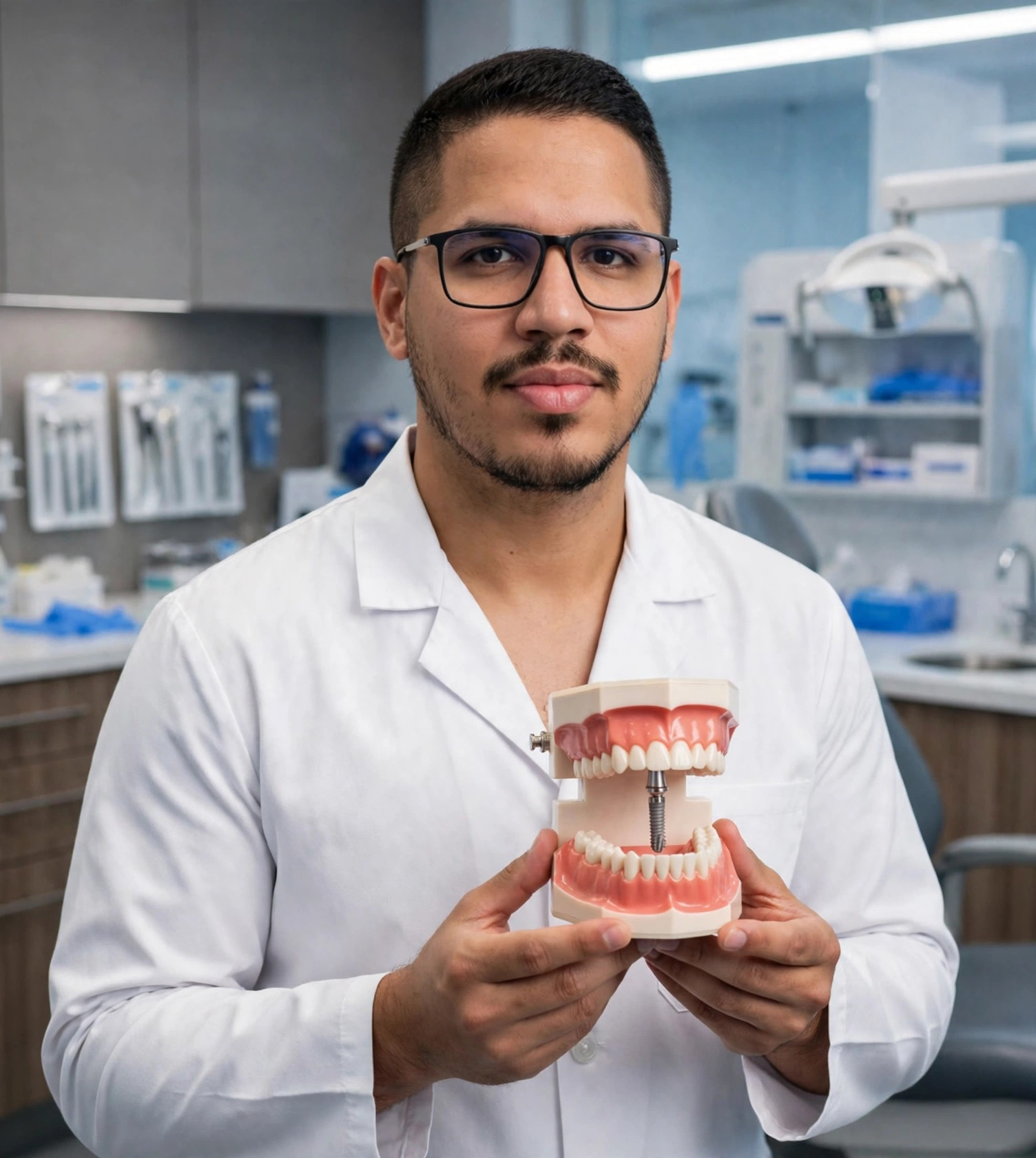 Julio Junior implantodontista, jaleco branco sem texto, modelo de implante dentário nas mãos, clínica odontológica ao fundo