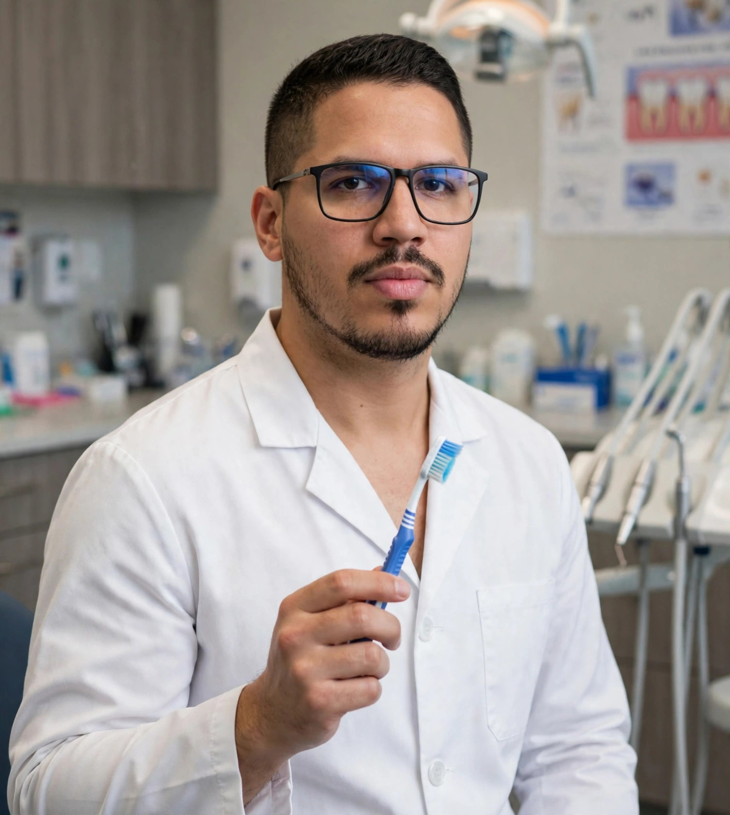 Julio Junior higienista dental, jaleco branco sem texto, escova profilática na mão, consultório odontológico ao fundo