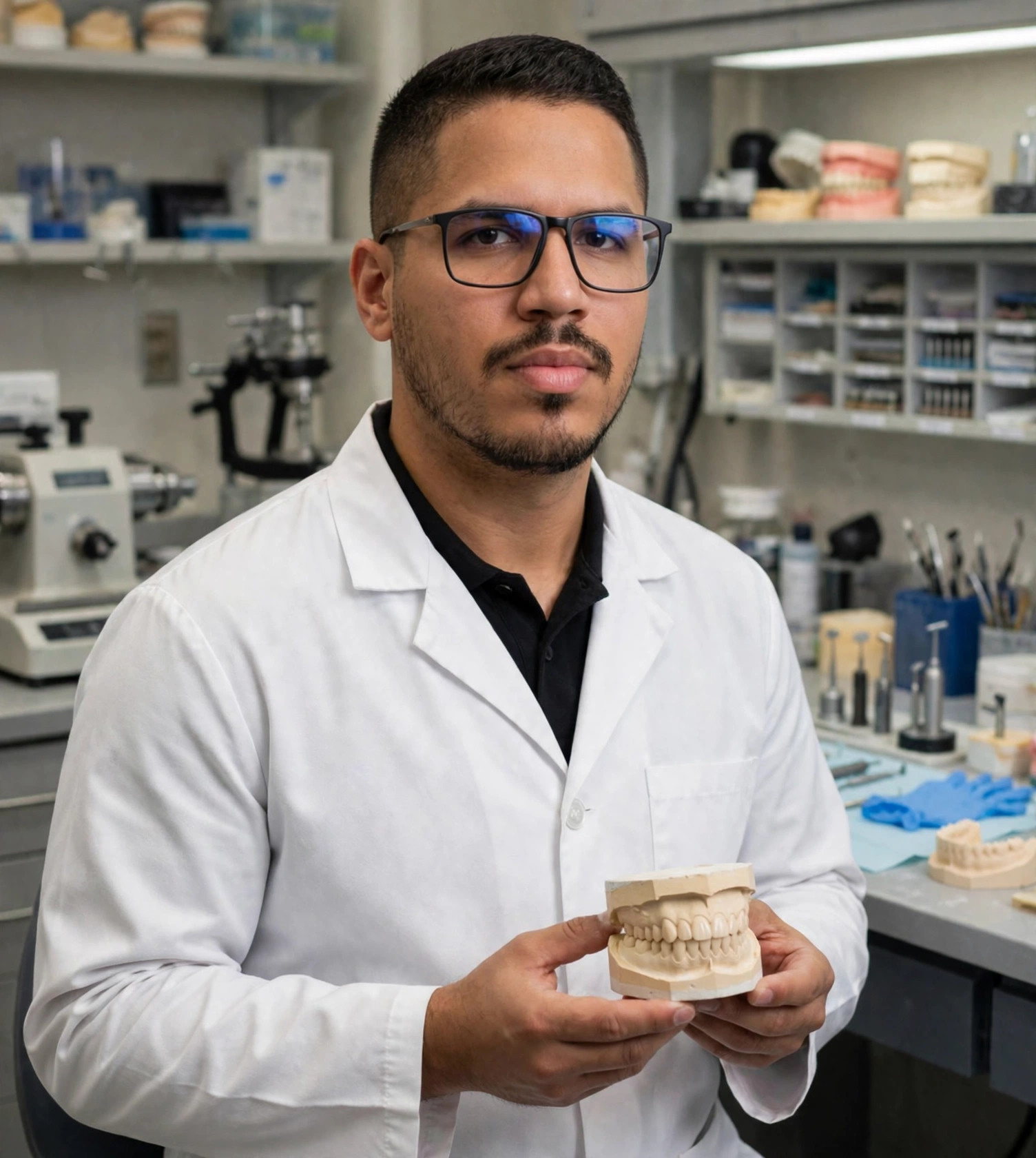 Julio Junior técnico de prótese dentária, jaleco branco sem texto, molde dentário nas mãos, laboratório de prótese ao fundo
