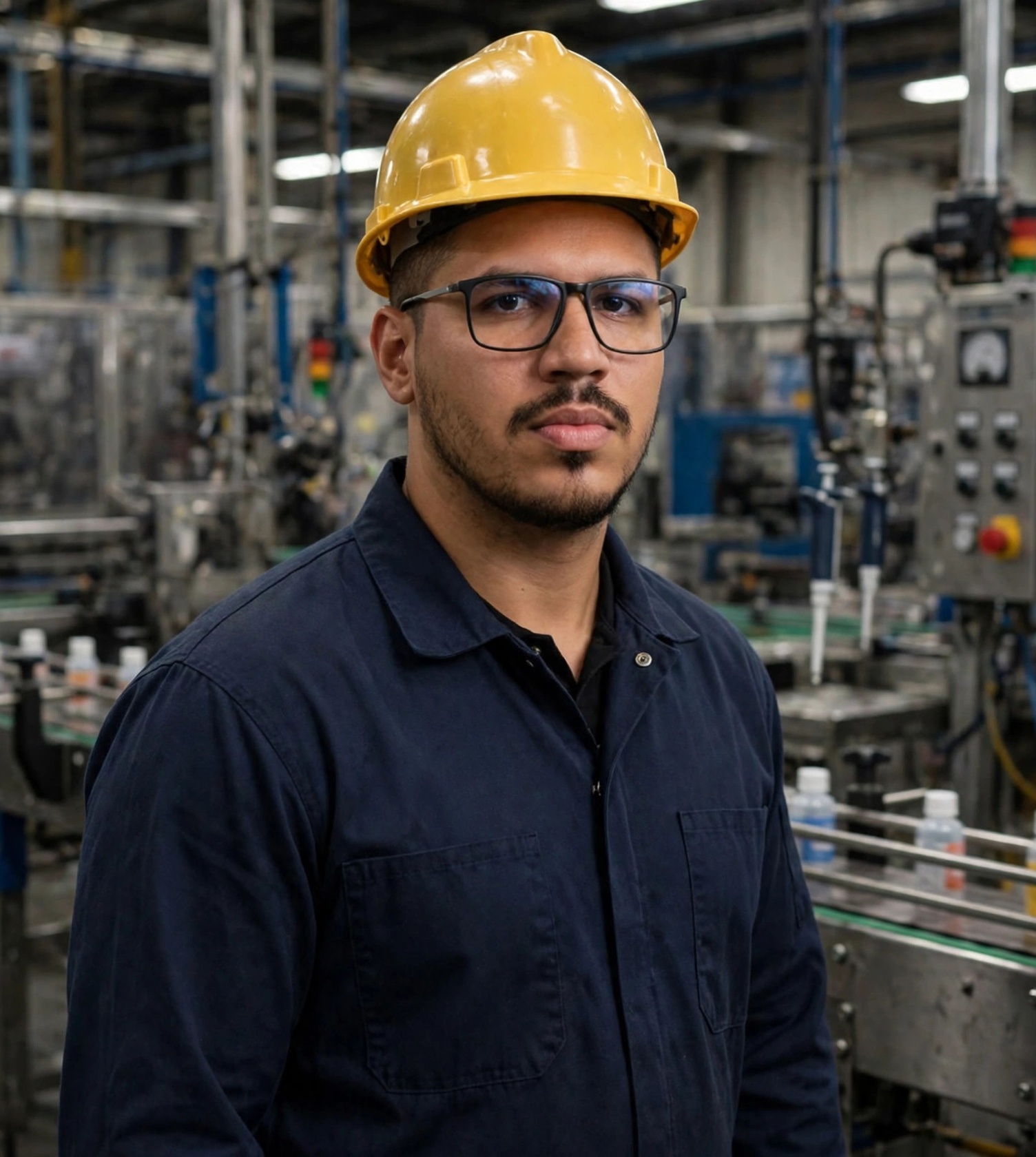 Julio Junior operador de máquinas, uniforme azul-marinho com capacete amarelo, sem texto, linha de produção ao fundo