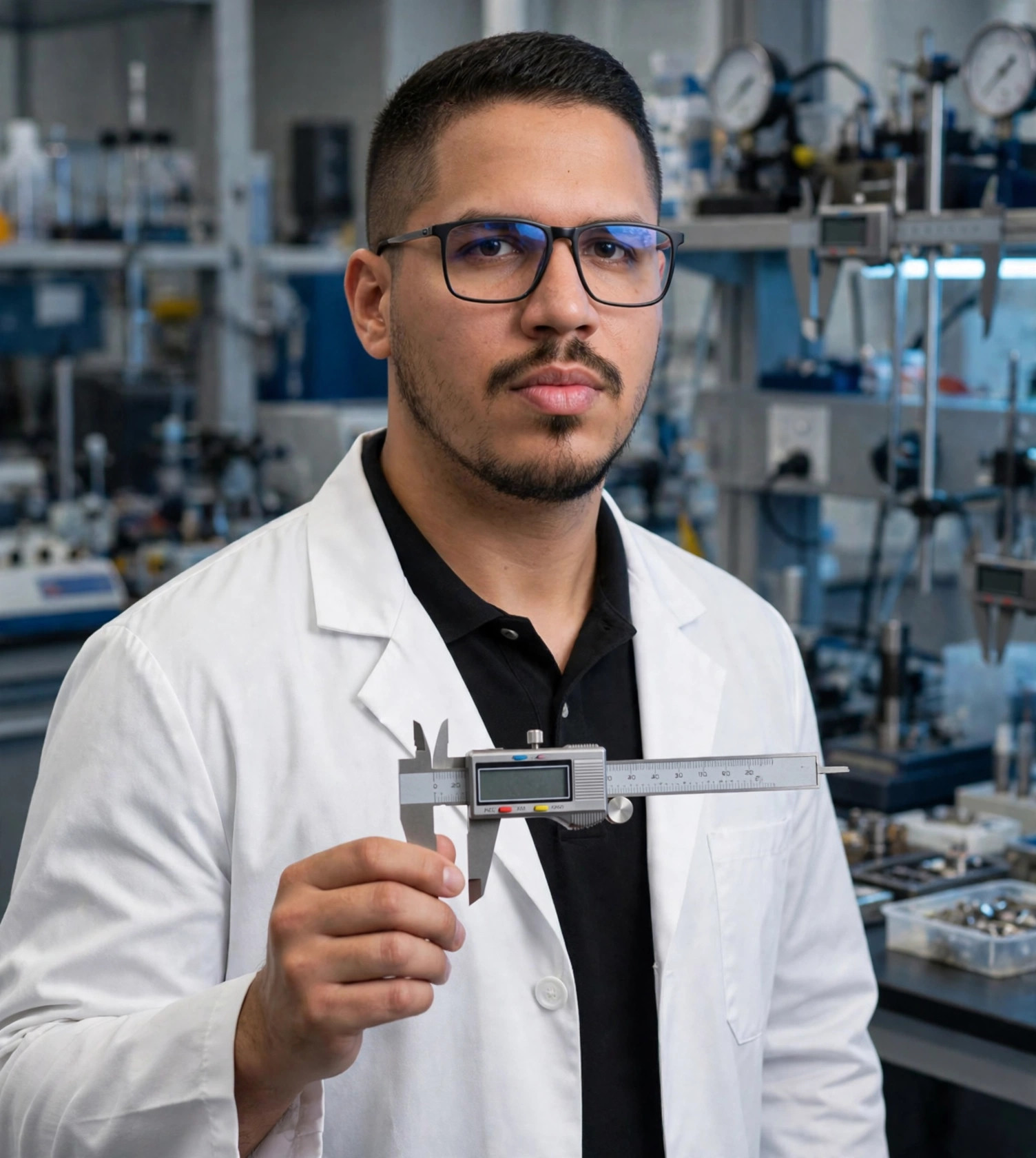 Julio Junior técnico de qualidade industrial, jaleco branco sem texto, paquímetro na mão, laboratório de qualidade ao fundo