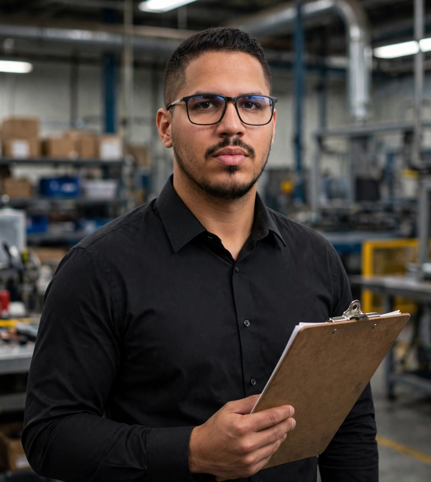 Julio Junior supervisor de produção, camisa social preta sem texto, prancheta na mão, fábrica ao fundo
