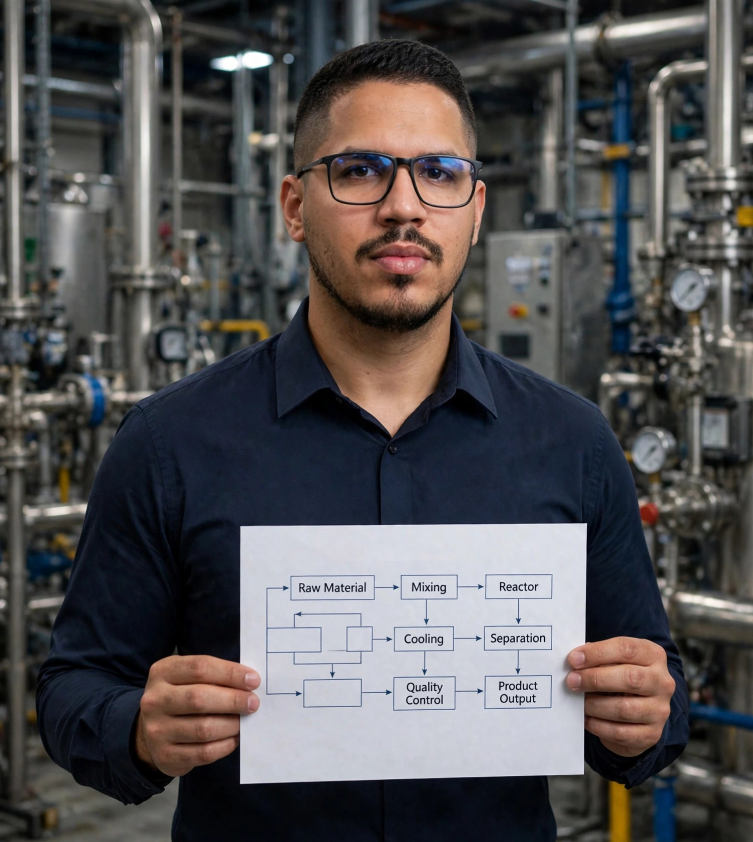 Julio Junior engenheiro de processos, camisa social azul-marinho sem texto, fluxograma nas mãos, planta industrial ao fundo