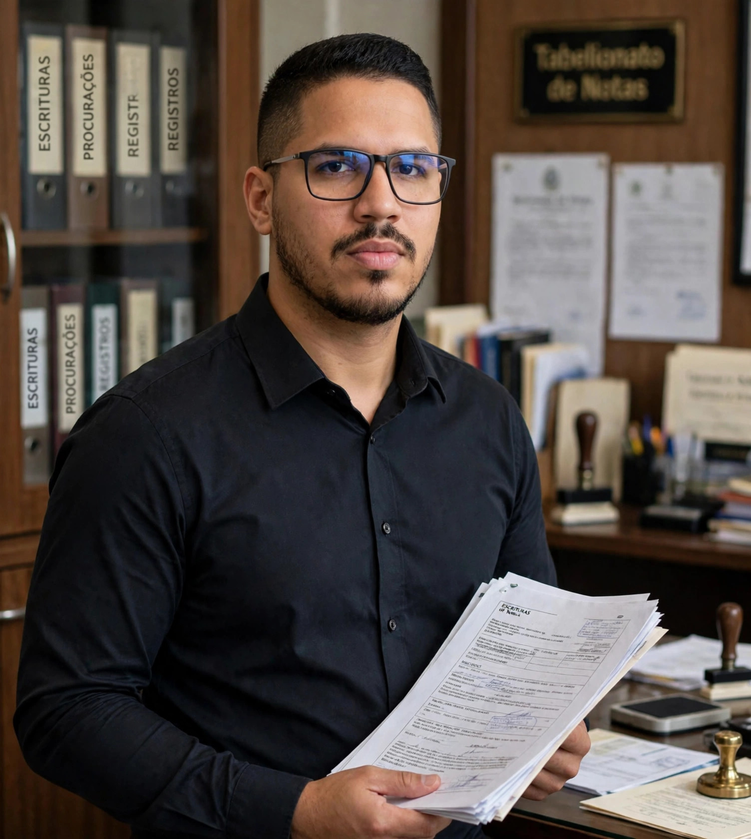 Julio Junior funcionário de cartório, camisa social preta sem texto, documentos nas mãos, cartório ao fundo
