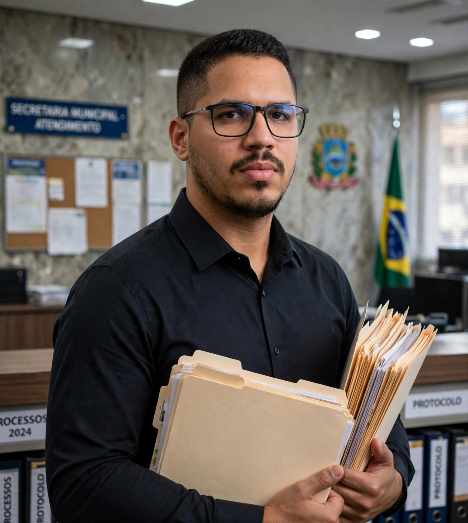 Julio Junior atendente de prefeitura, camisa social preta sem texto, pastas nas mãos, prefeitura ao fundo
