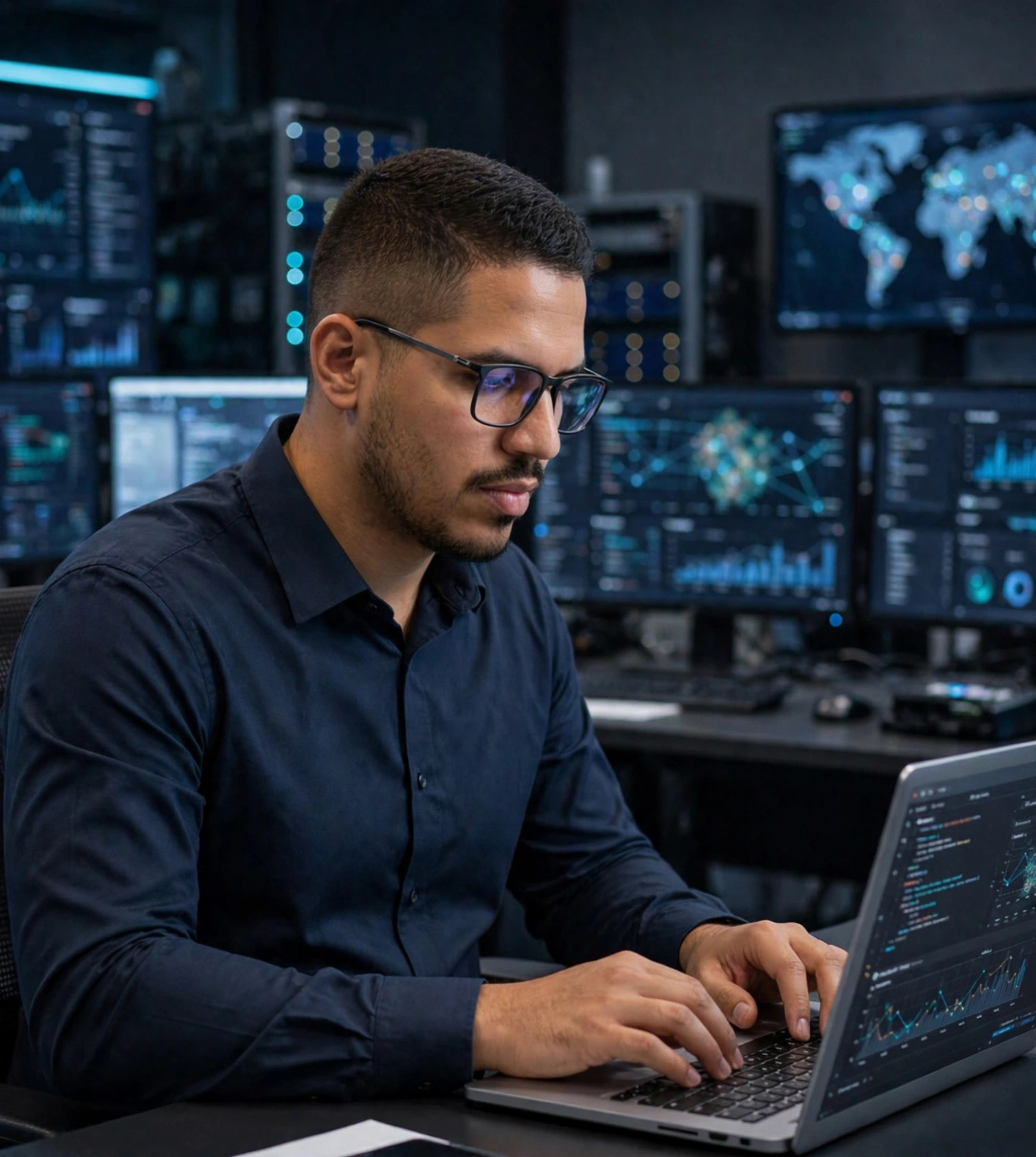 Julio Junior analista de segurança da informação, camisa social azul-marinho sem texto, digitando no notebook, centro de operações ao fundo