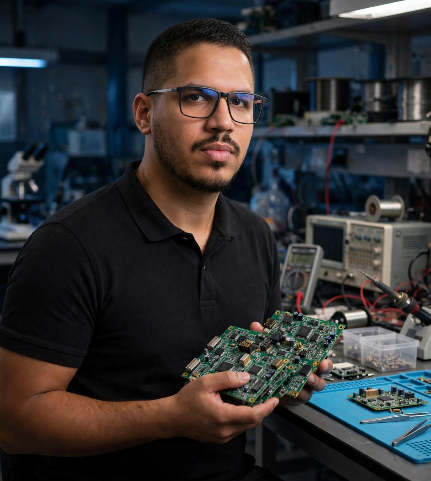 Julio Junior engenheiro de software embarcado, camisa polo preta sem texto, placas eletrônicas nas mãos, laboratório ao fundo