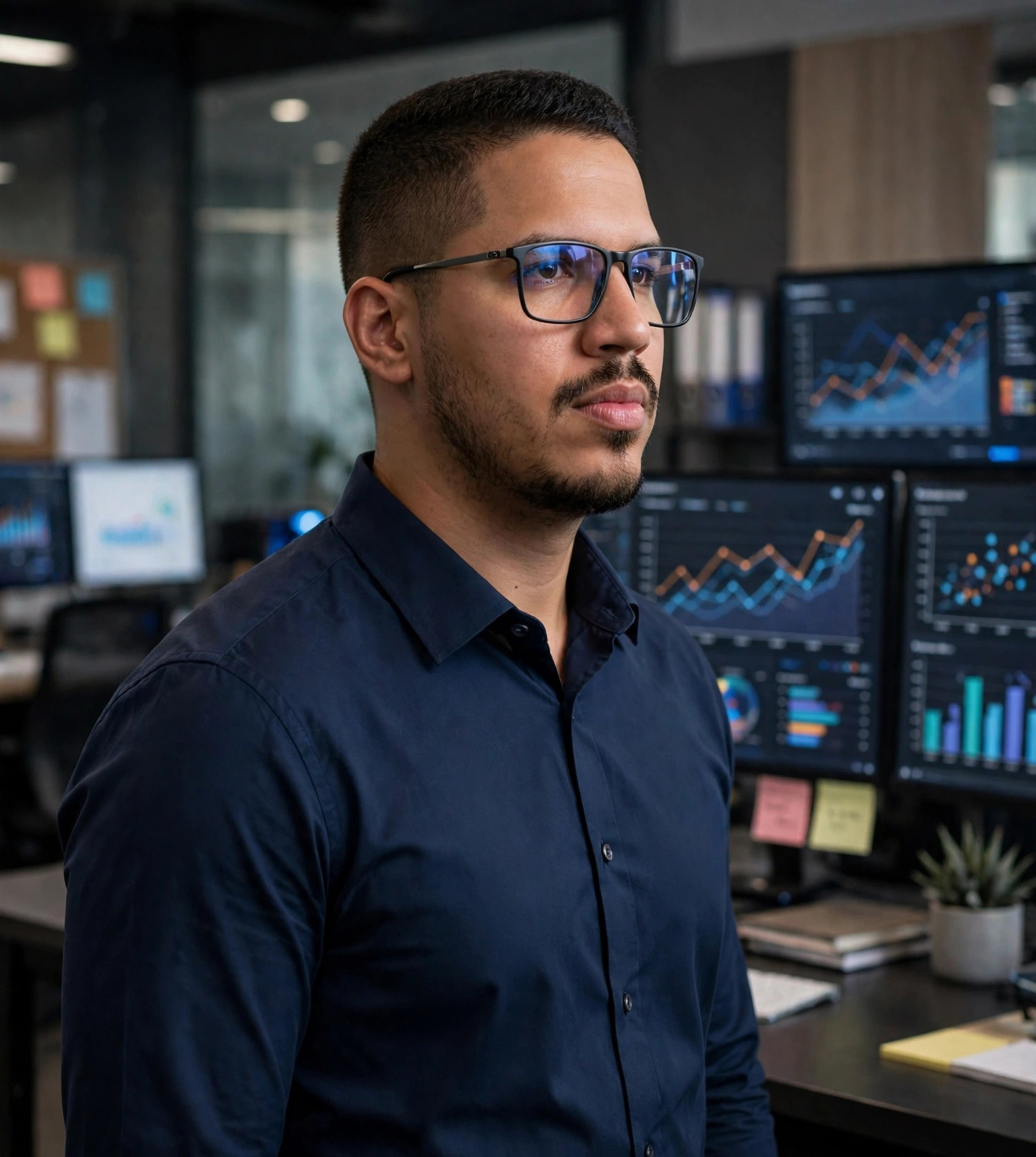 Julio Junior cientista de dados, camisa social azul-marinho sem texto, diante de telas com gráficos, escritório ao fundo