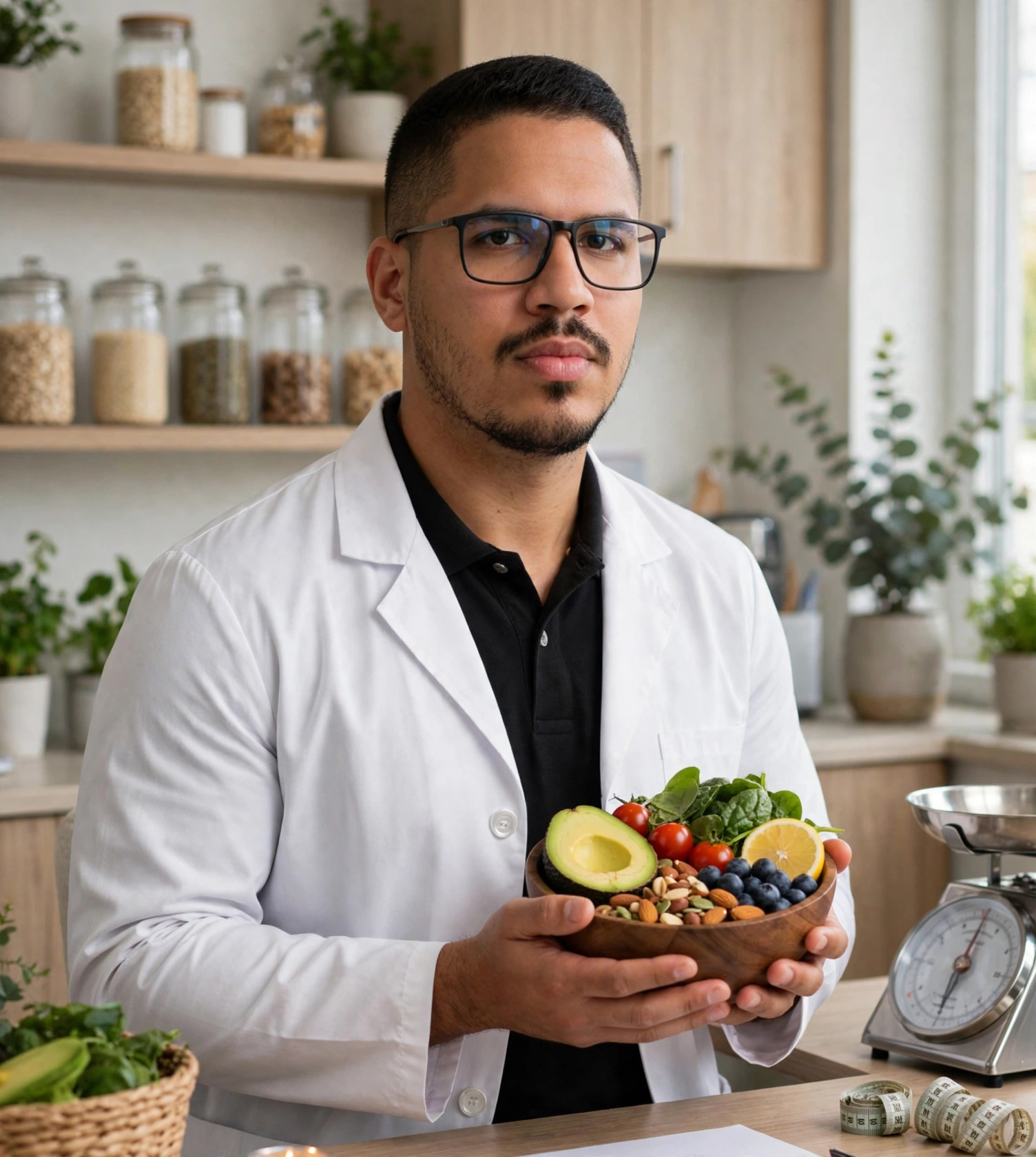 Julio Junior nutricionista, jaleco branco, segurando tigela de alimentos saudáveis, consultório ao fundo