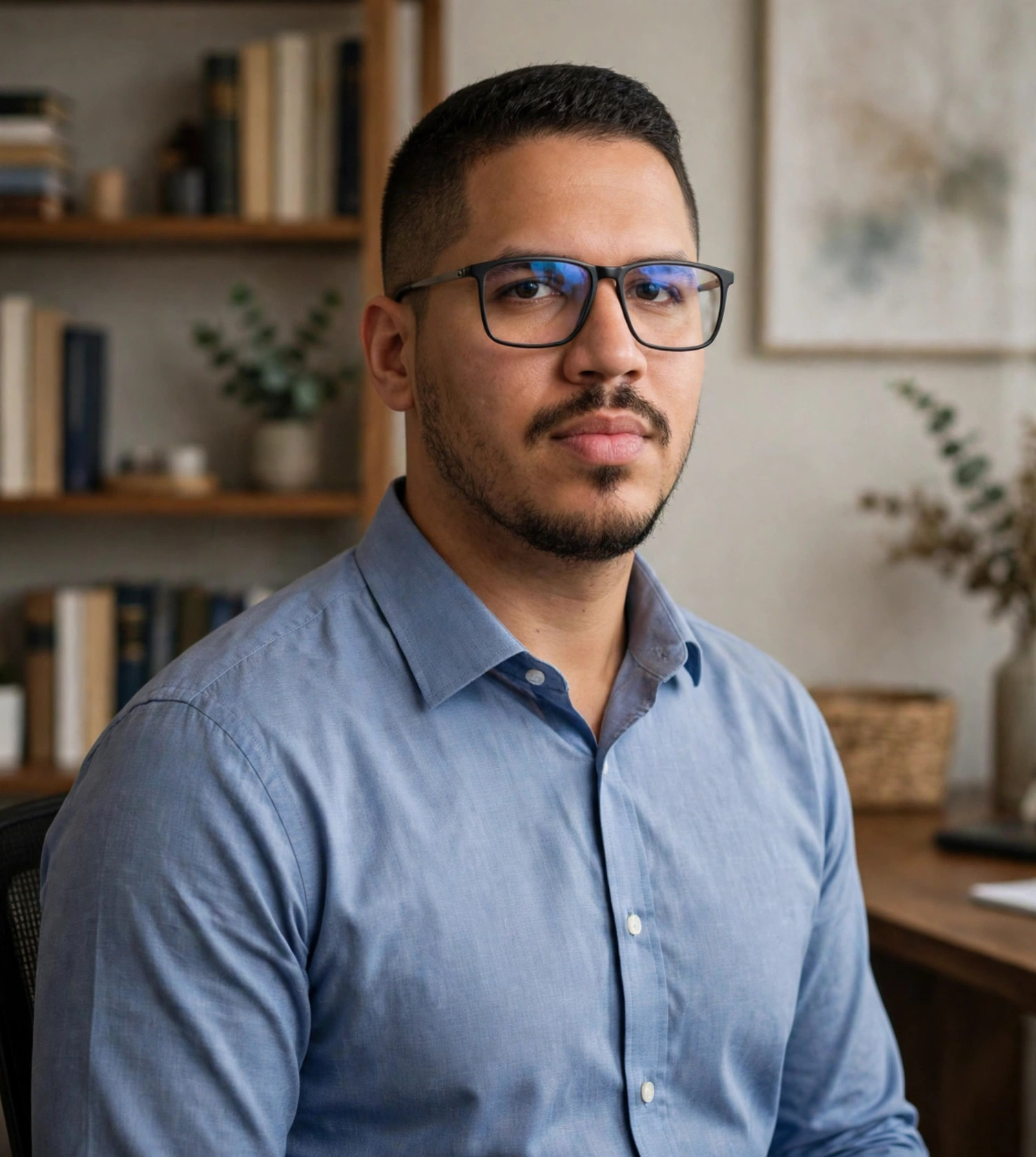 Julio Junior psicólogo, camisa social azul, livros ao fundo, consultório