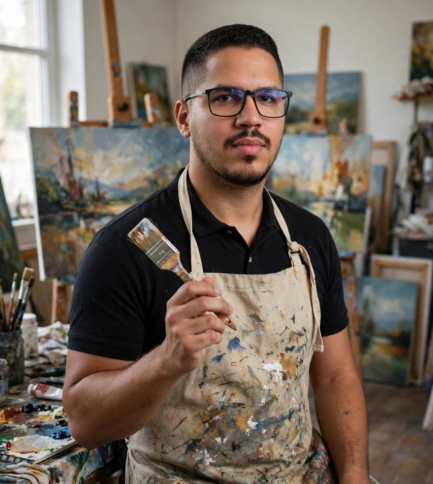 Julio Junior pintor de quadros, avental com pincel e tela, ateliê ao fundo