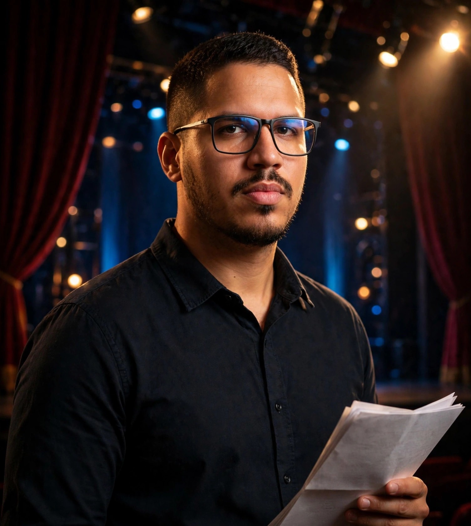 Julio Junior diretor de teatro, camisa social com roteiro, palco ao fundo