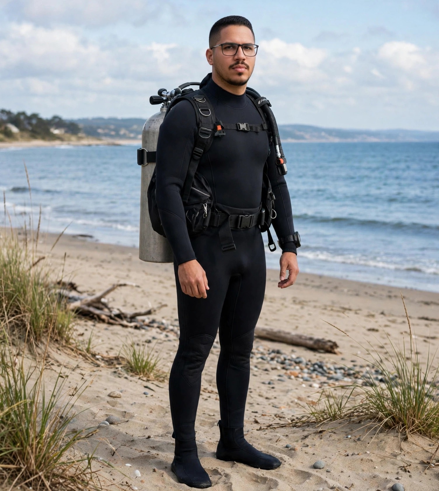 Julio Junior mergulhador, roupa de mergulho com cilindro, praia ao fundo