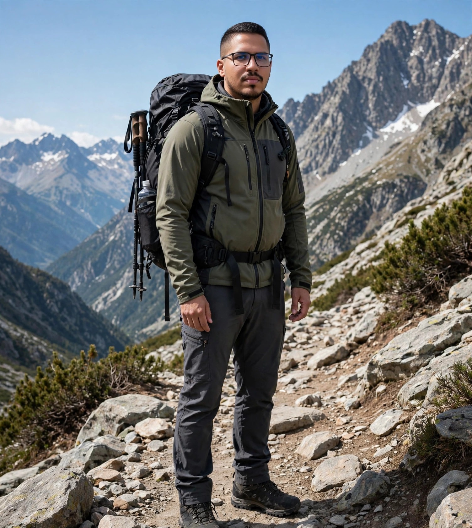 Julio Junior alpinista, roupa de montanha com mochila, montanha ao fundo