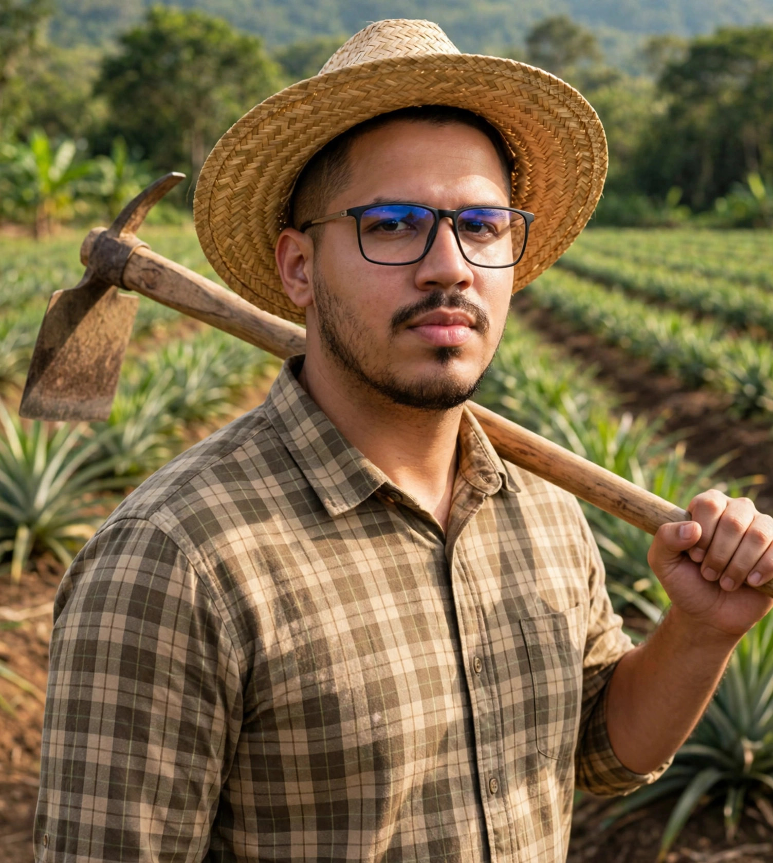 Julio Junior agricultor, camisa xadrez com chapéu de palha e enxada, plantação ao fundo