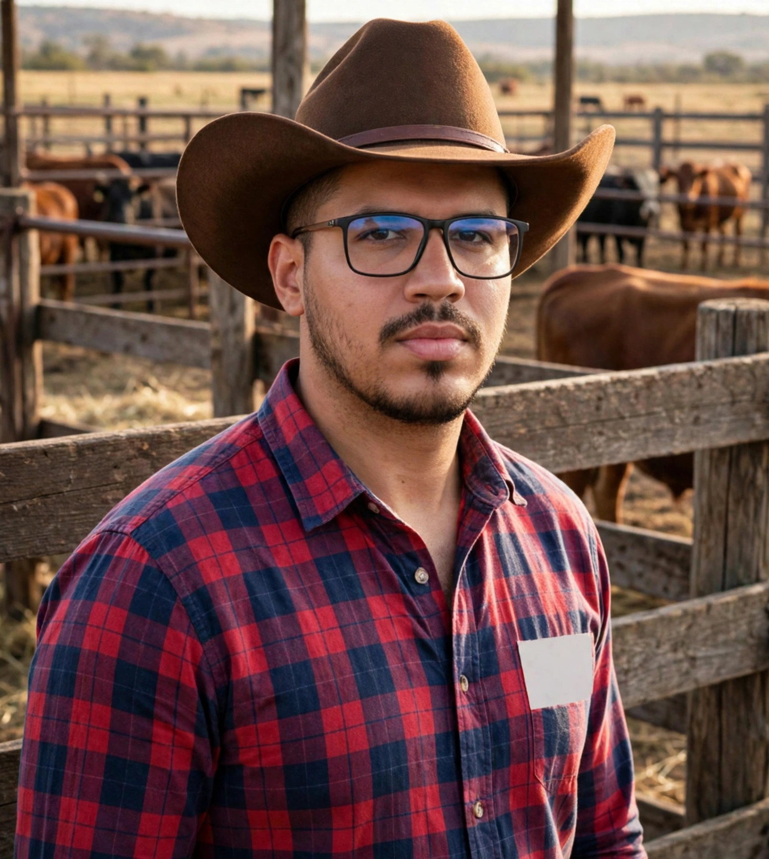 Julio Junior pecuarista, camisa xadrez com chapéu de cowboy, curral ao fundo
