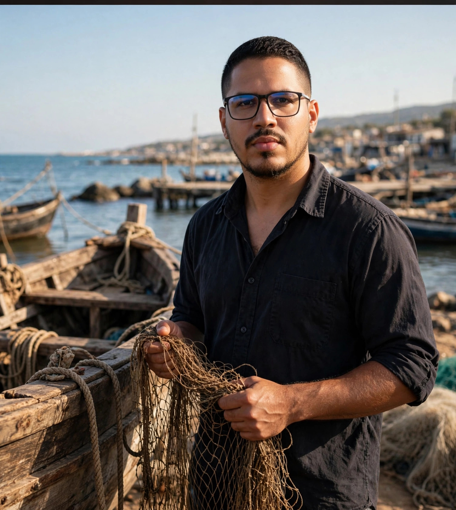Julio Junior pescador artesanal, camisa escura com rede de pesca, barco ao fundo