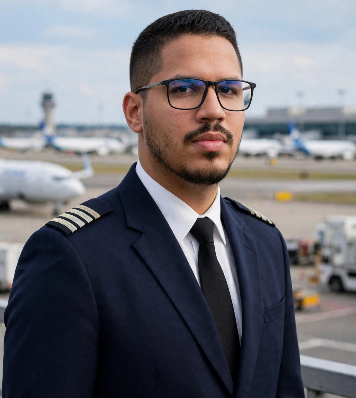 Julio Junior piloto de avião, uniforme de piloto, aeroporto ao fundo