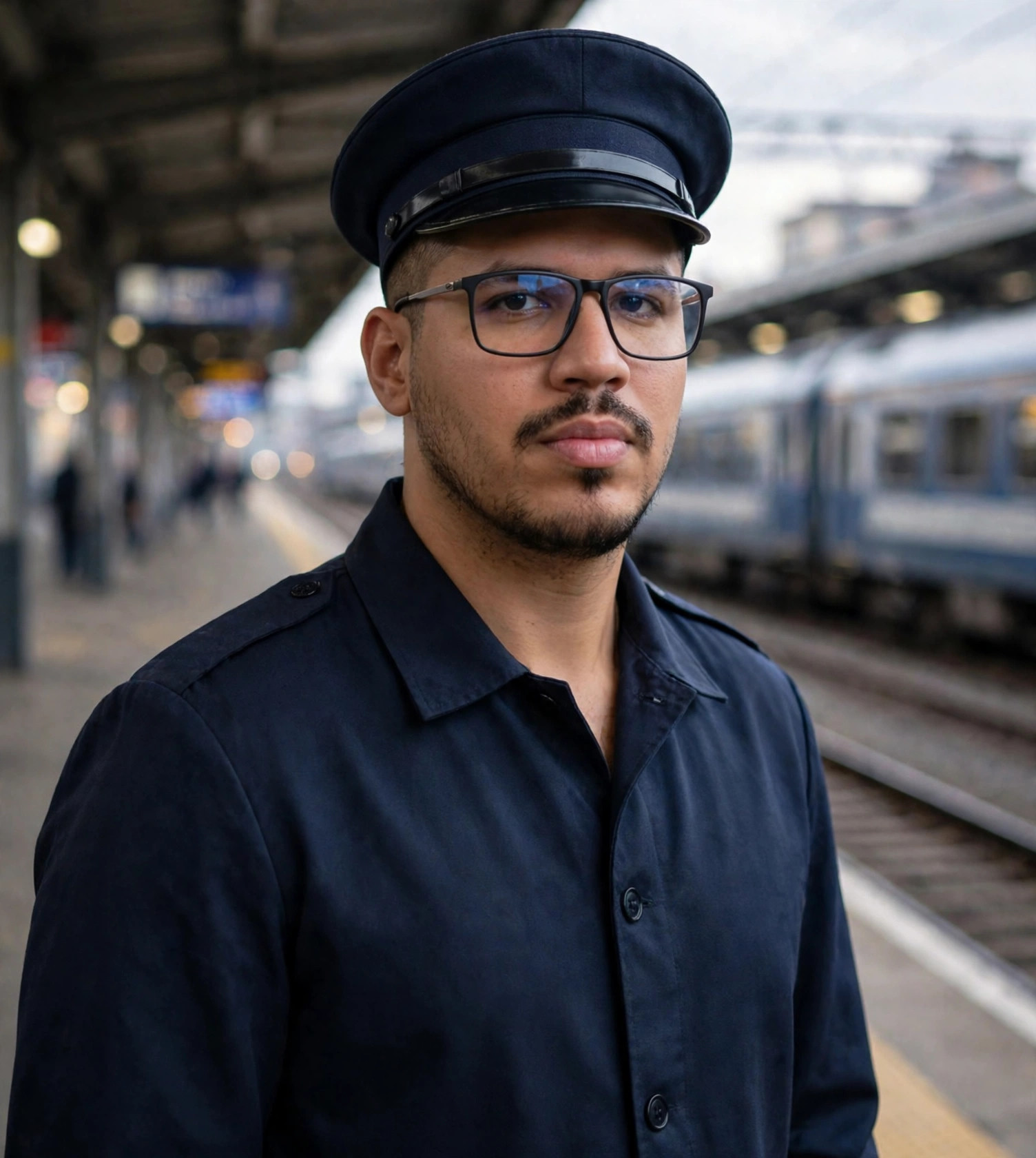 Julio Junior maquinista de trem, uniforme com boné, estação ao fundo